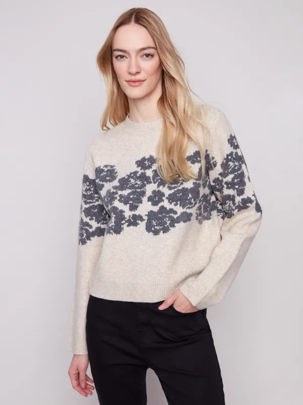 Flower Jacquard Crew Neck Sweater - Heather Vanilla sold by Charlie B