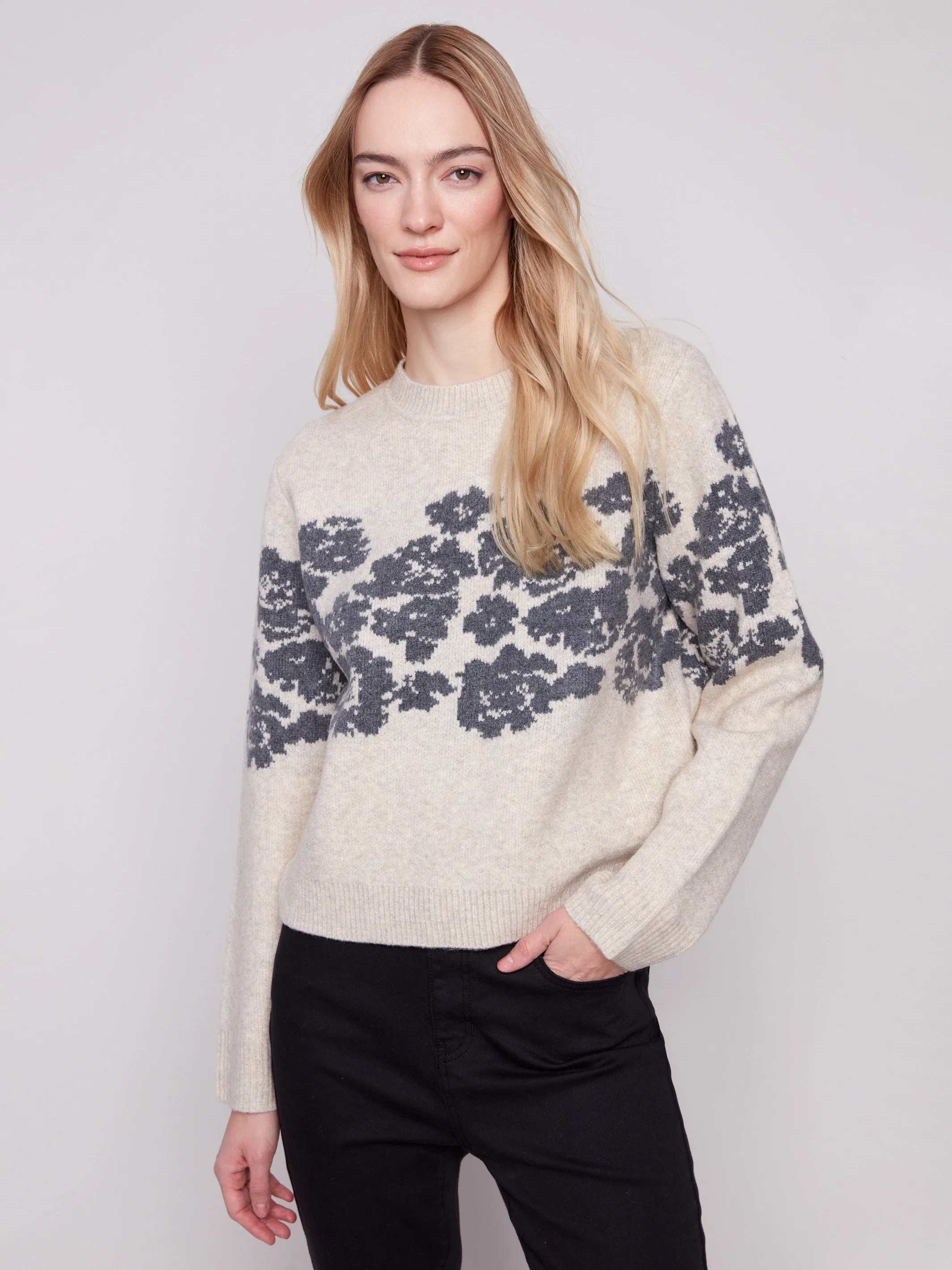 Flower Jacquard Crew Neck Sweater - Heather Vanilla sold by Charlie B
