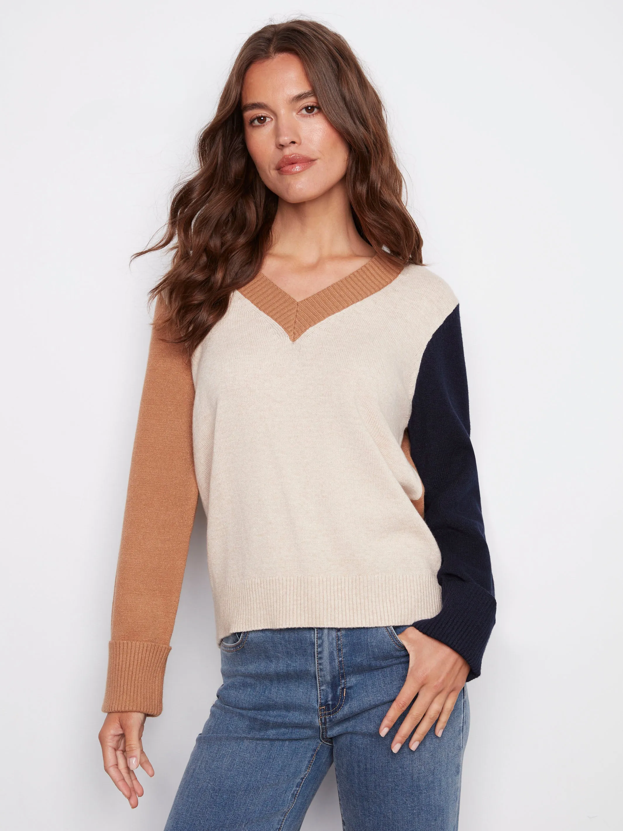 Colorblock V-Neck Sweater - Truffle sold by Charlie B