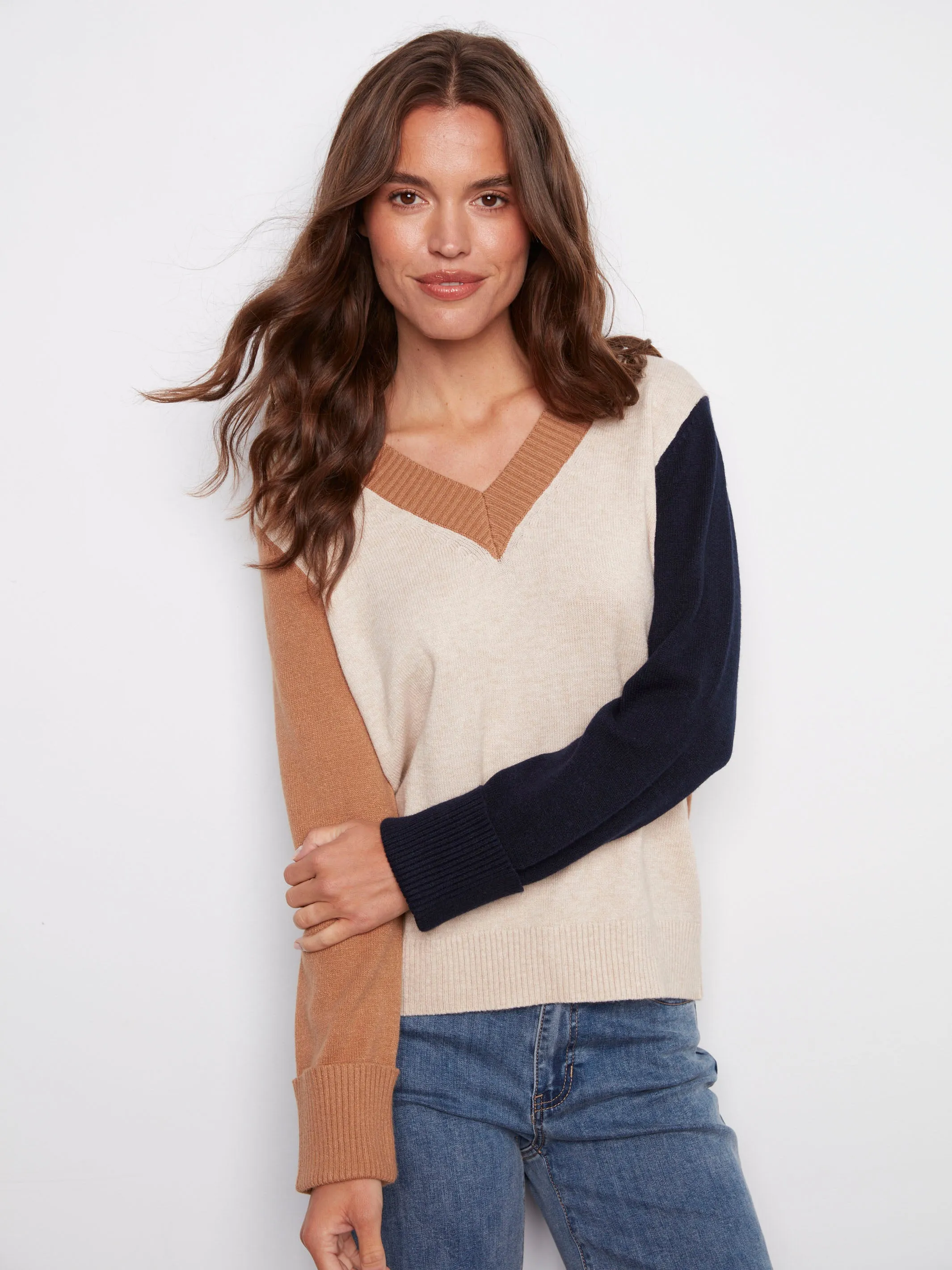 Colorblock V-Neck Sweater - Truffle sold by Charlie B product image thumbnail 5