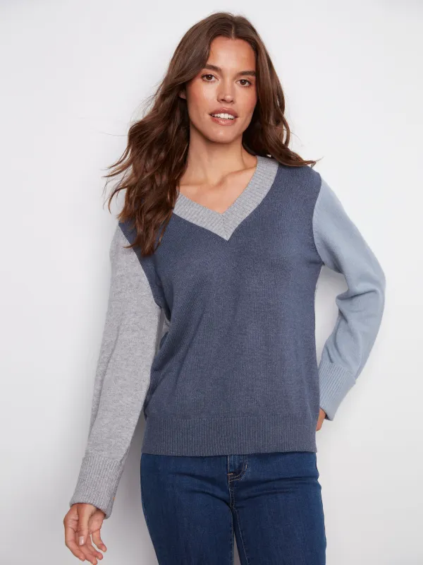 Colorblock V-Neck Sweater - Moonlight sold by Charlie B