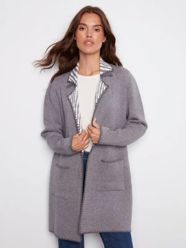Blanket Stitch Long Cardigan - Heather Grey sold by Charlie B