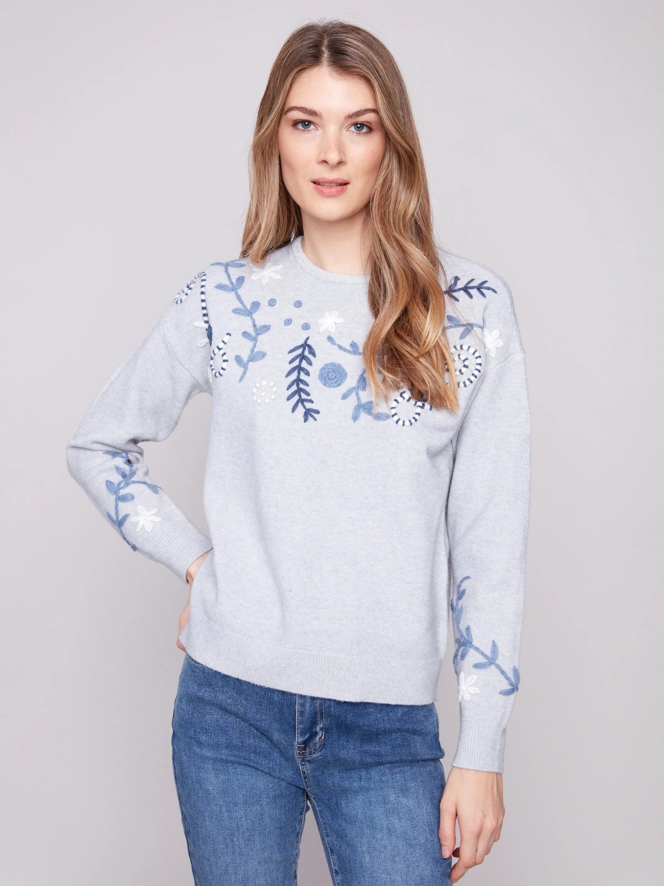 Embroidered Crew Neck Sweater - Heather Grey sold by Charlie B