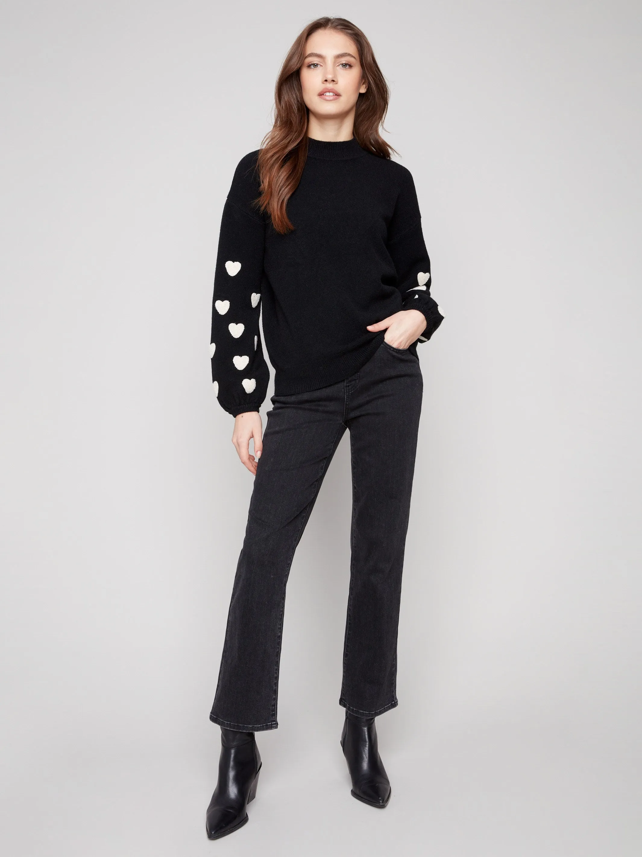 Mock Neck Sweater With Embroidered Hearts - Black sold by Charlie B product image thumbnail 2