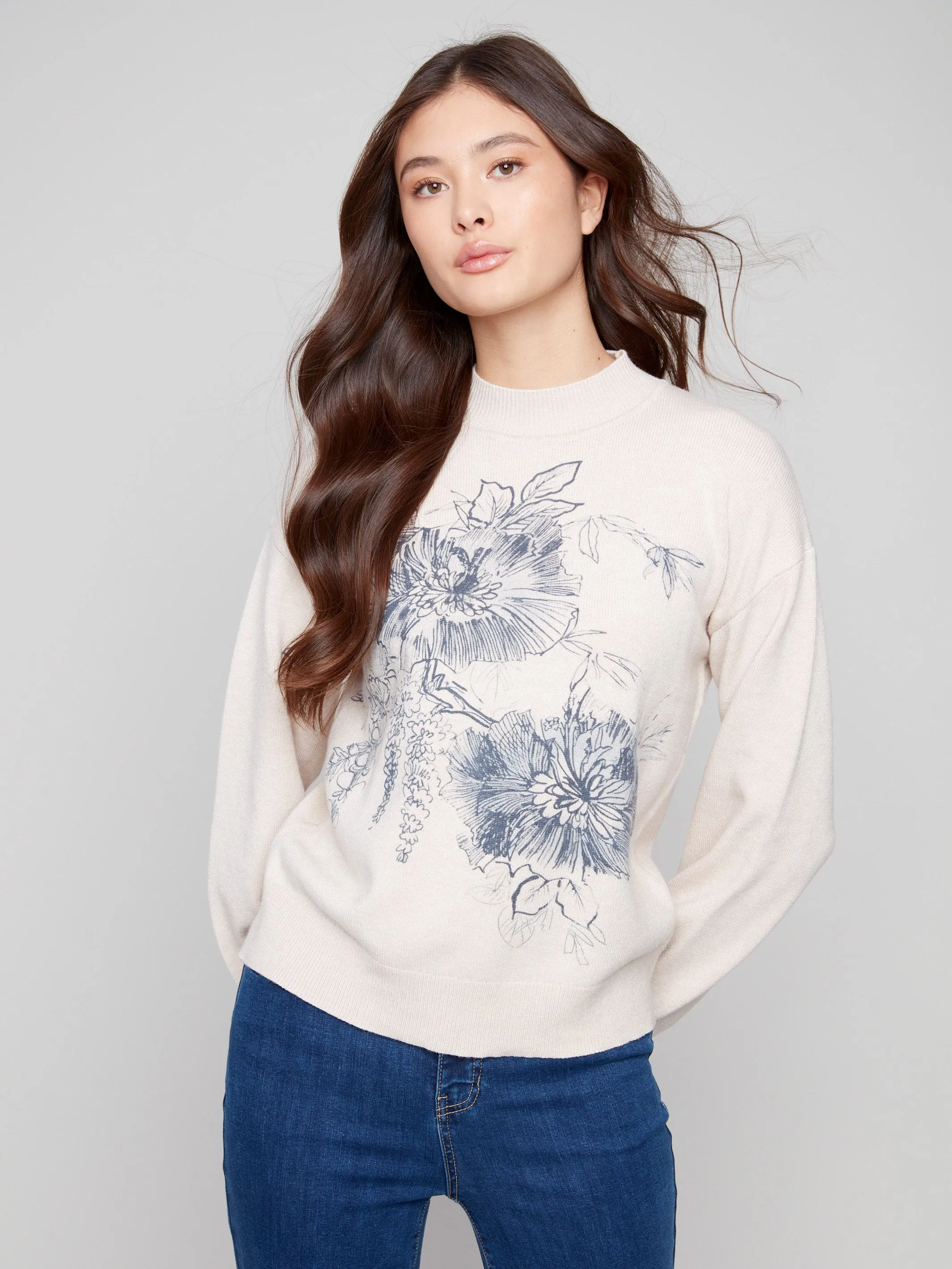 Printed Mock Neck Sweater - Heather Oat sold by Charlie B