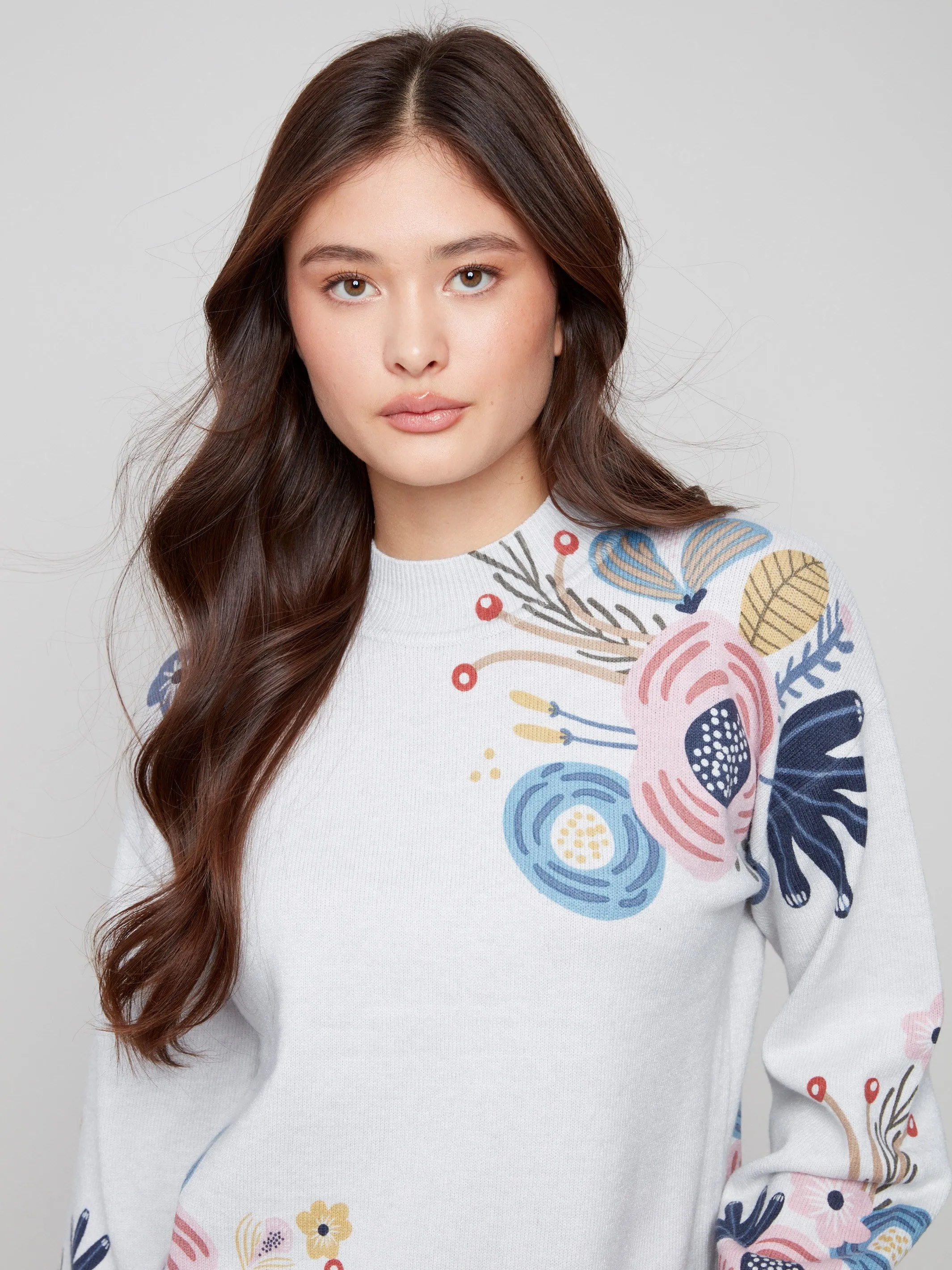 Printed Mock Neck Sweater - Heather Light Grey sold by Charlie B product image thumbnail 4