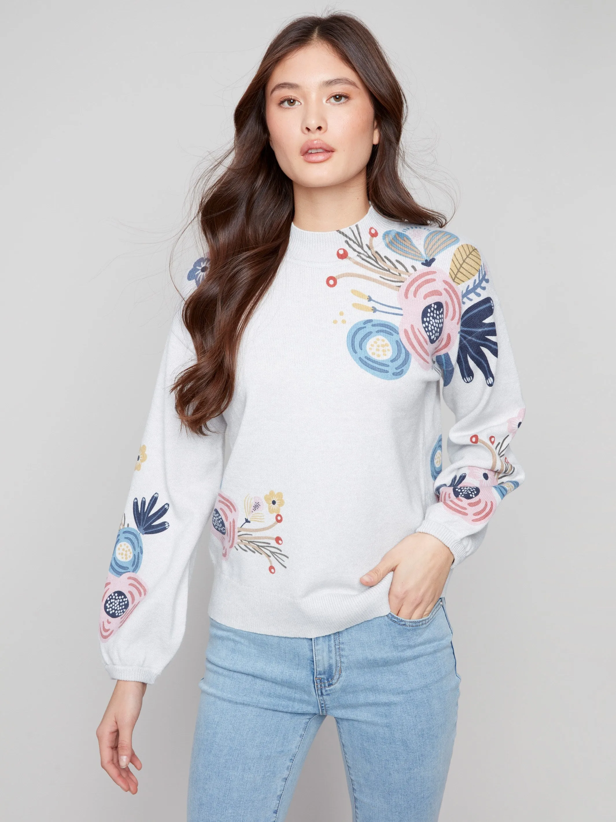 Printed Mock Neck Sweater - Heather Light Grey sold by Charlie B