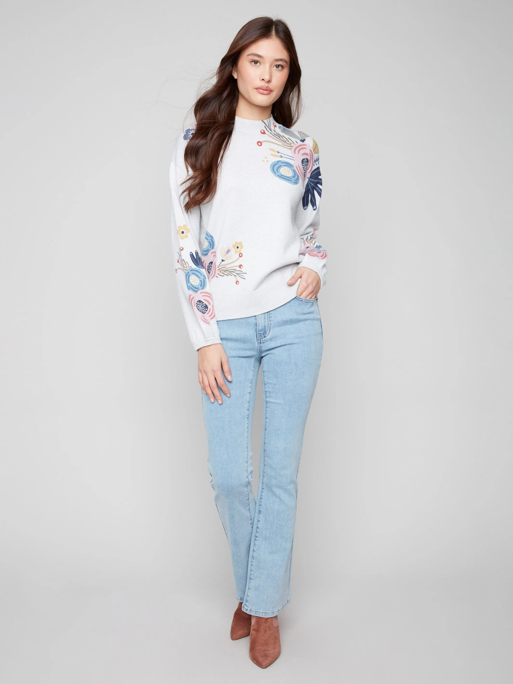 Printed Mock Neck Sweater - Heather Light Grey sold by Charlie B product image thumbnail 2