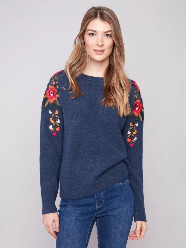 Embroidered Floral Sleeve Sweater - Heather Denim sold by Charlie B