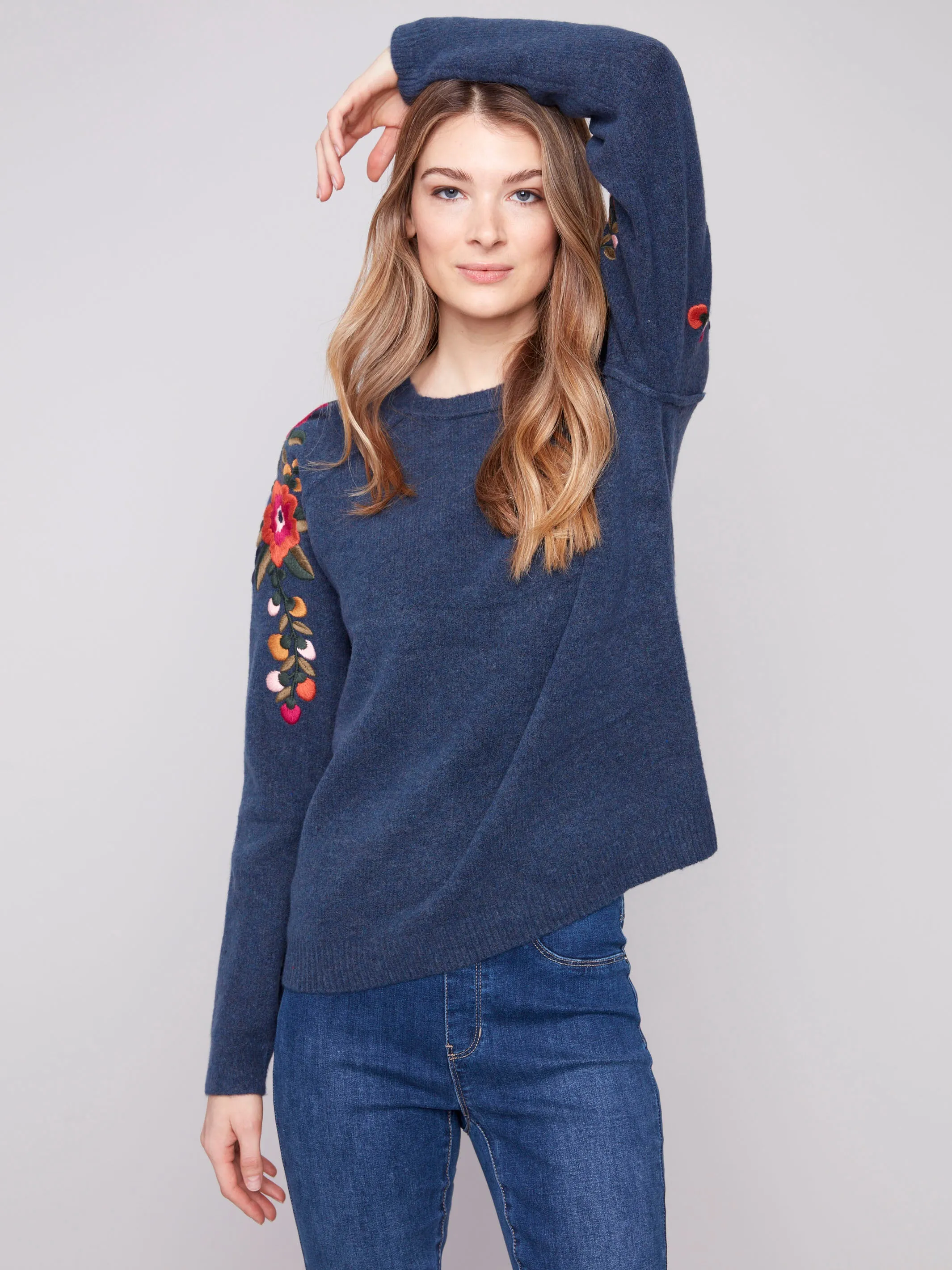 Embroidered Floral Sleeve Sweater - Heather Denim sold by Charlie B product image thumbnail 2
