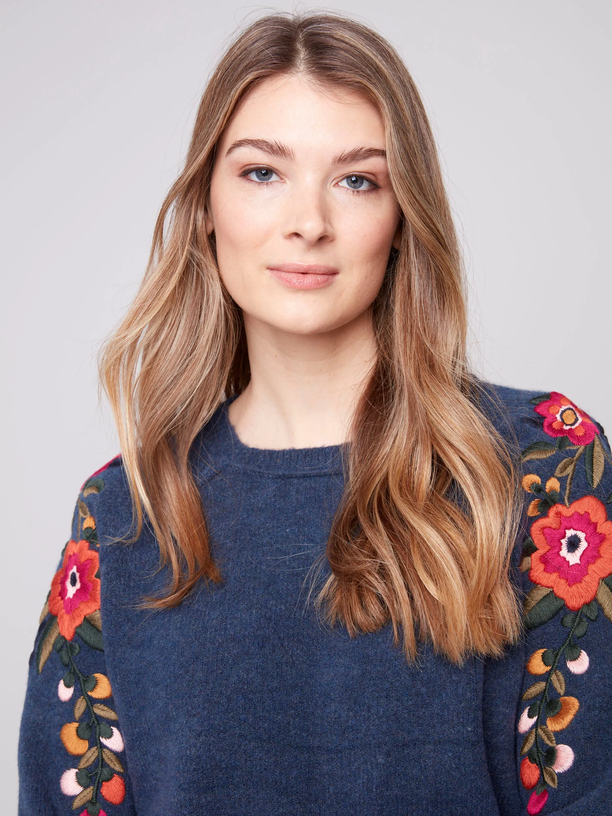 Embroidered Floral Sleeve Sweater - Heather Denim sold by Charlie B product image thumbnail 4