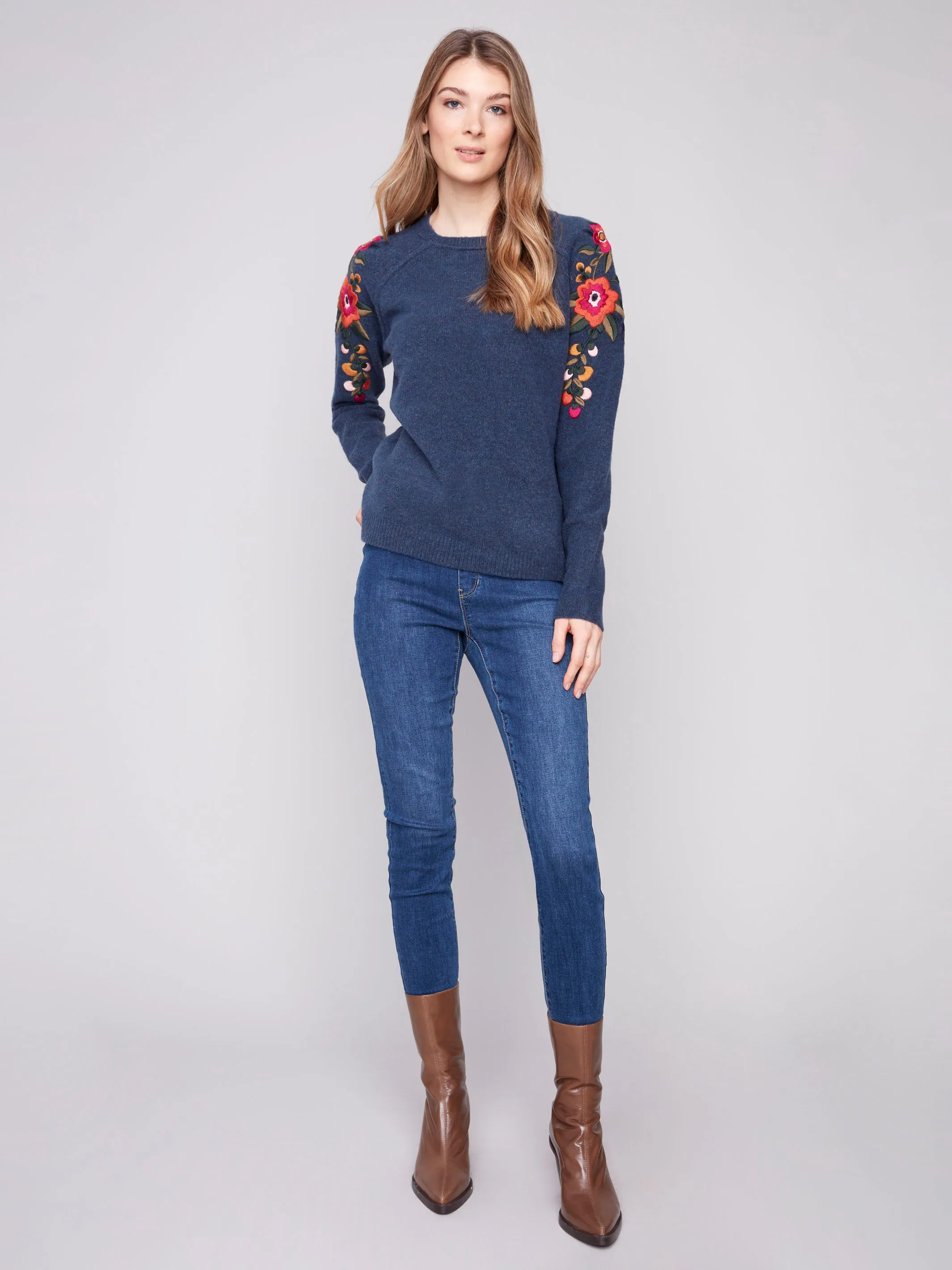 Embroidered Floral Sleeve Sweater - Heather Denim sold by Charlie B product image thumbnail 3