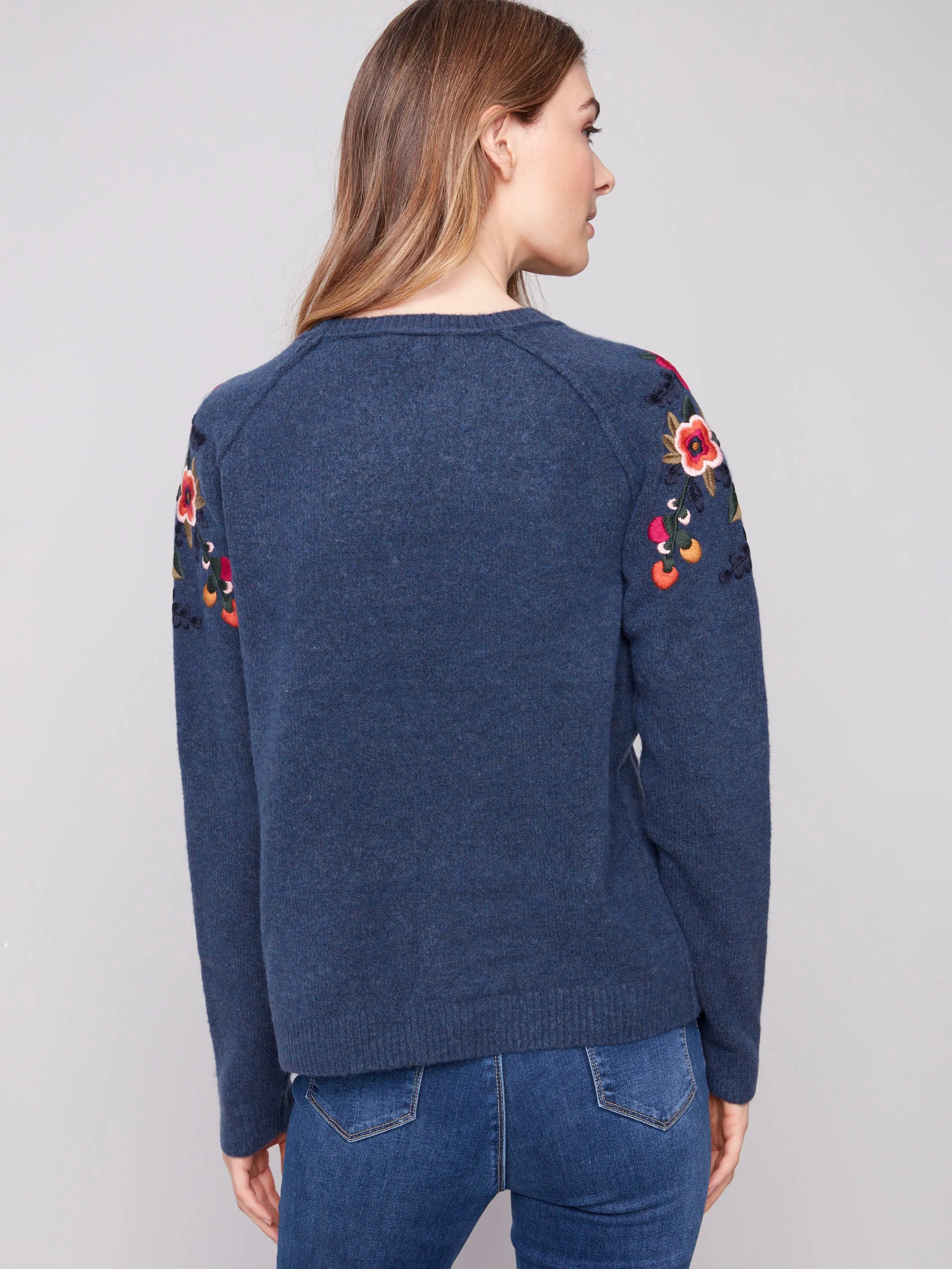 Embroidered Floral Sleeve Sweater - Heather Denim sold by Charlie B product image thumbnail 5