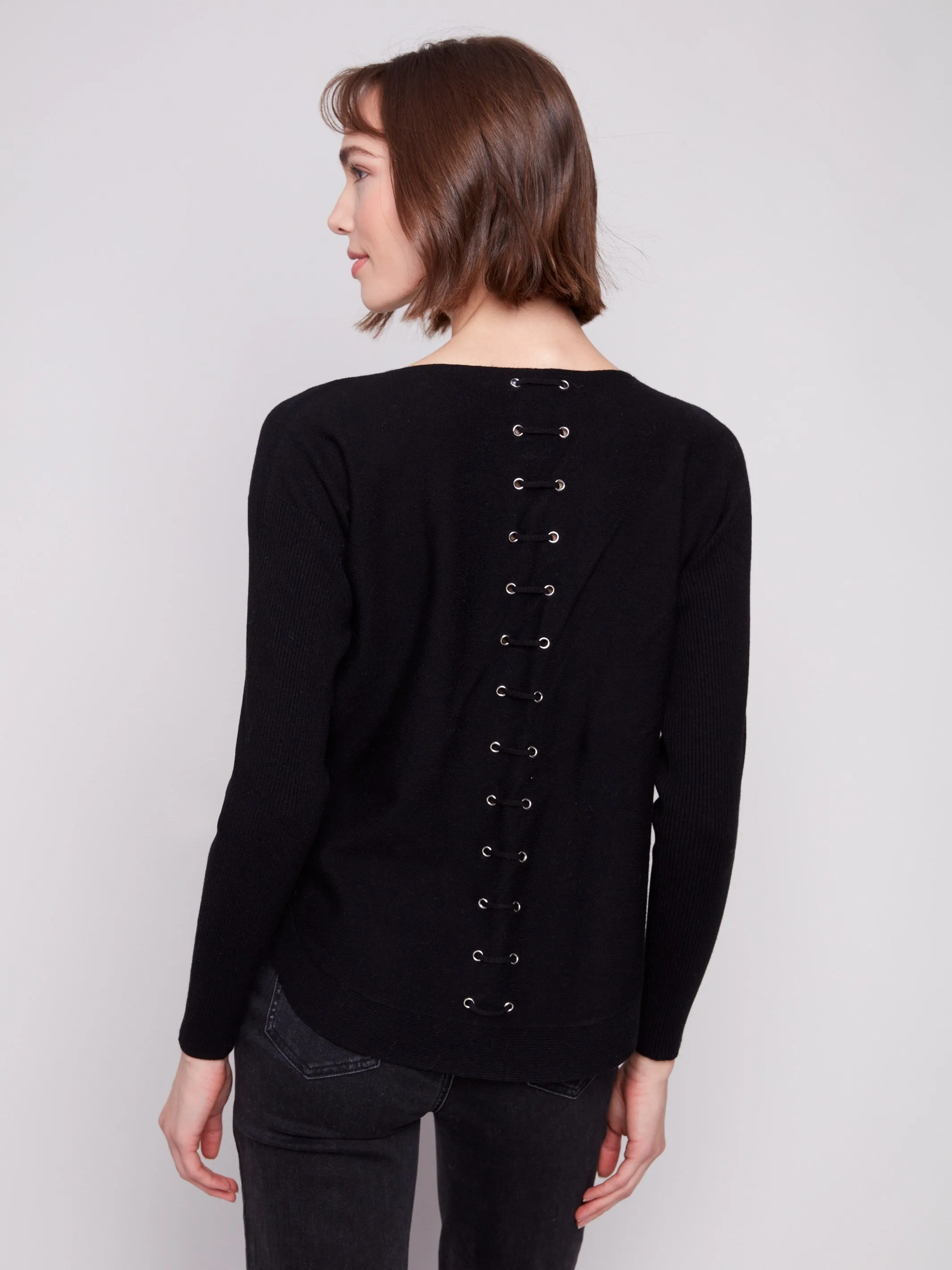 Knit Sweater With Back Lace-Up Detail - Black sold by Charlie B product image thumbnail 2