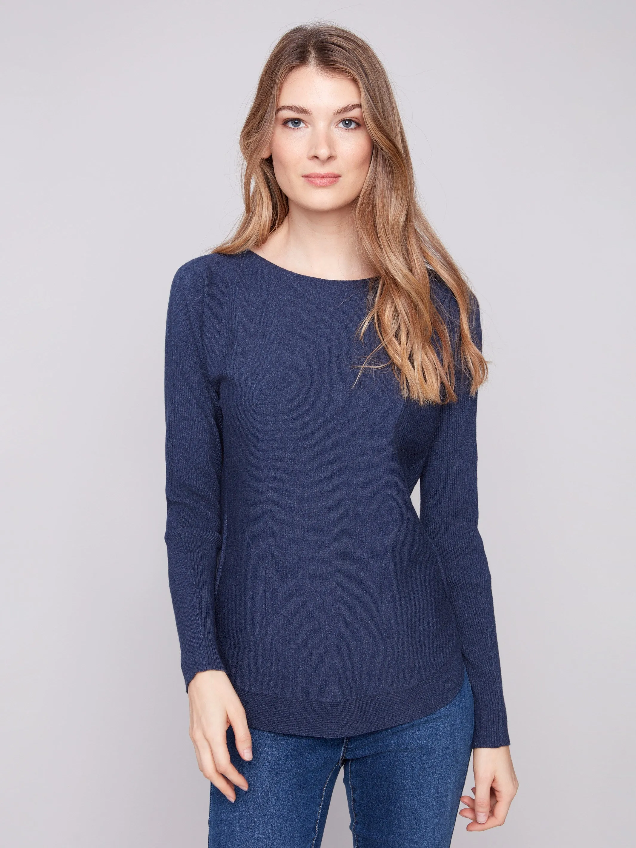 Knit Sweater With Back Lace-Up Detail - Heather Denim sold by Charlie B