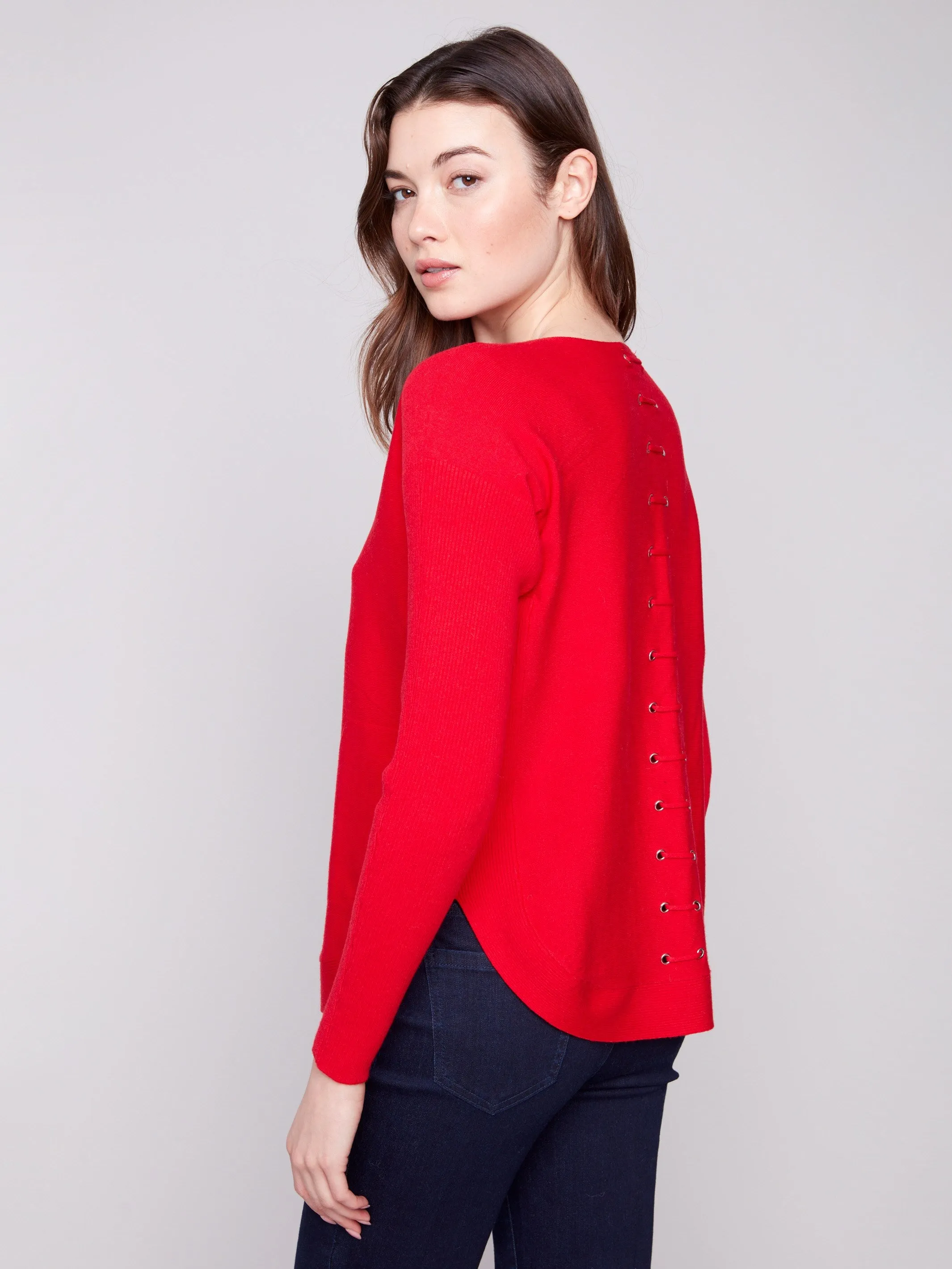 Knit Sweater With Back Lace-Up Detail - Crimson sold by Charlie B product image thumbnail 5