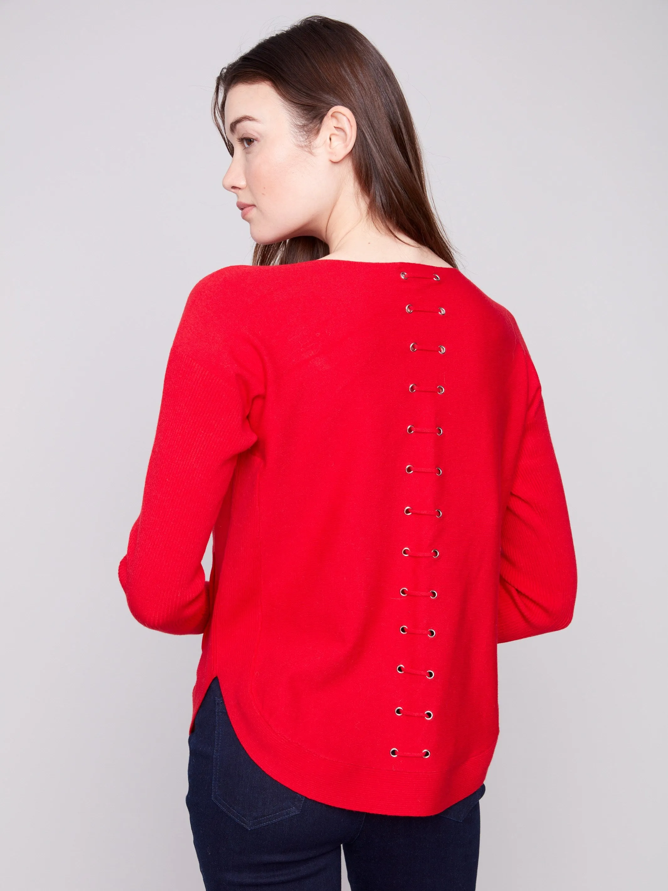Knit Sweater With Back Lace-Up Detail - Crimson sold by Charlie B product image thumbnail 2