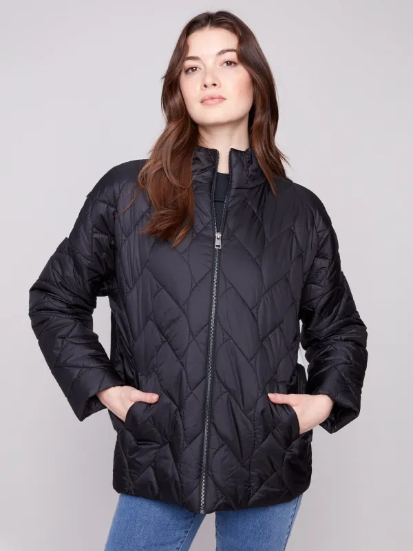 Jacquard Quilted Puffer Jacket - Black/Cream sold by Charlie B