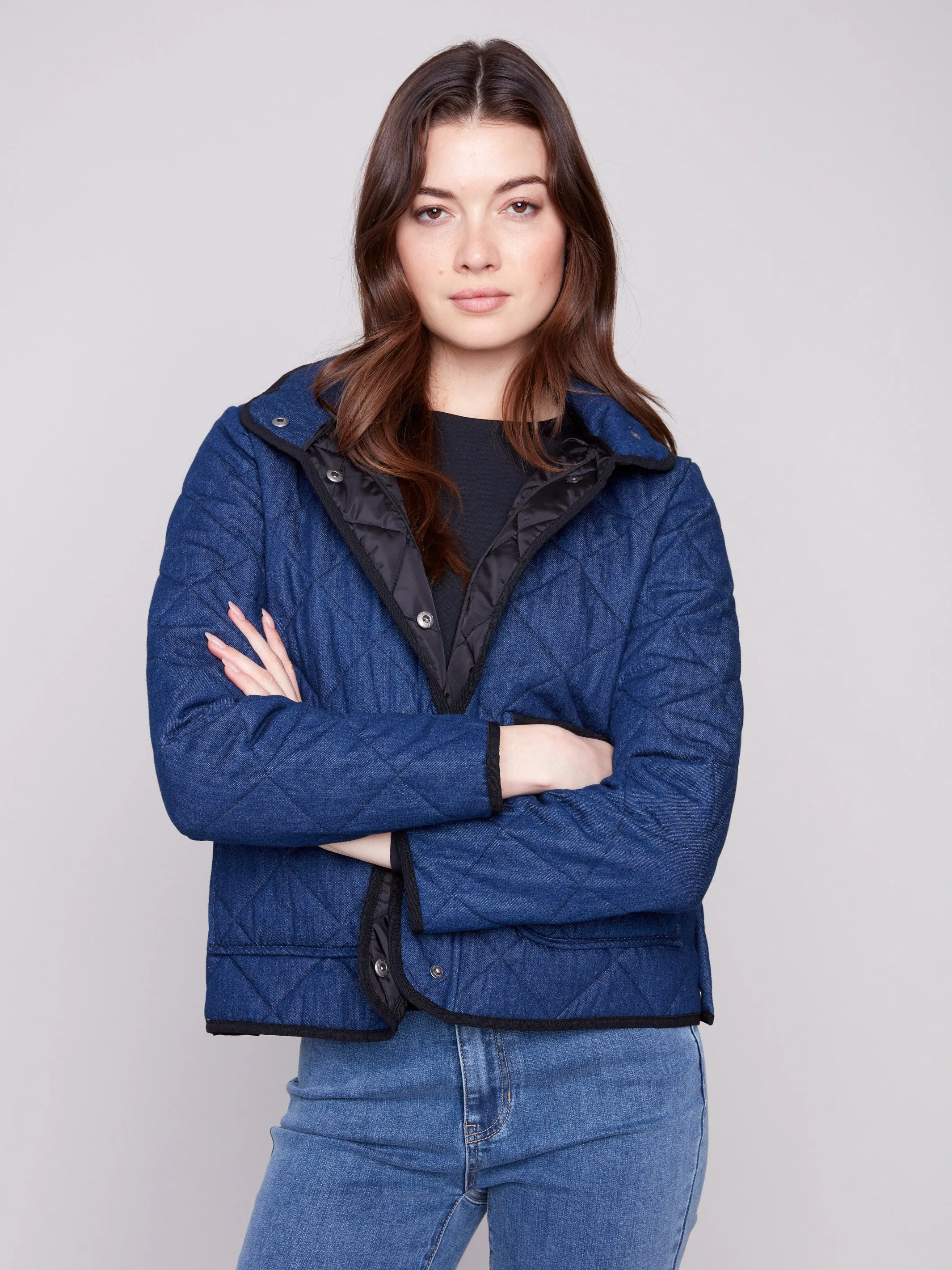Denim Quilted Puffer Jacket With Removable Hood - Classic Blue sold by Charlie B product image thumbnail 5