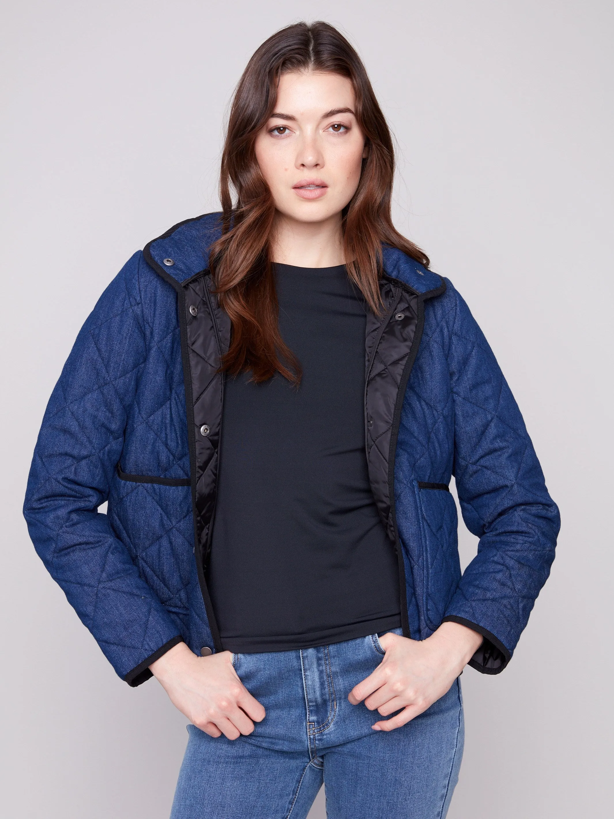 Denim Quilted Puffer Jacket With Removable Hood - Classic Blue sold by Charlie B product image thumbnail 2