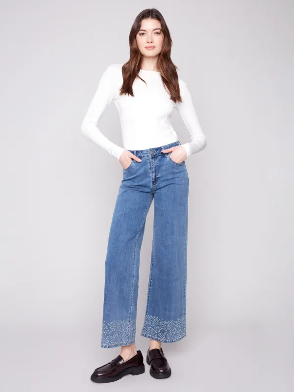 Wide Leg Jeans With Studded Hem - Medium Blue sold by Charlie B