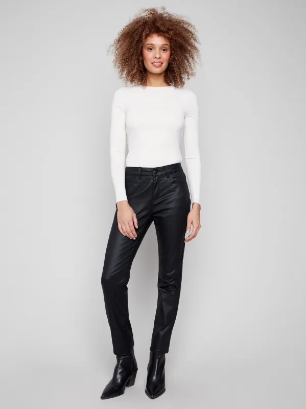 Slim Leg Metallic Wax Twill Pants - Black sold by Charlie B
