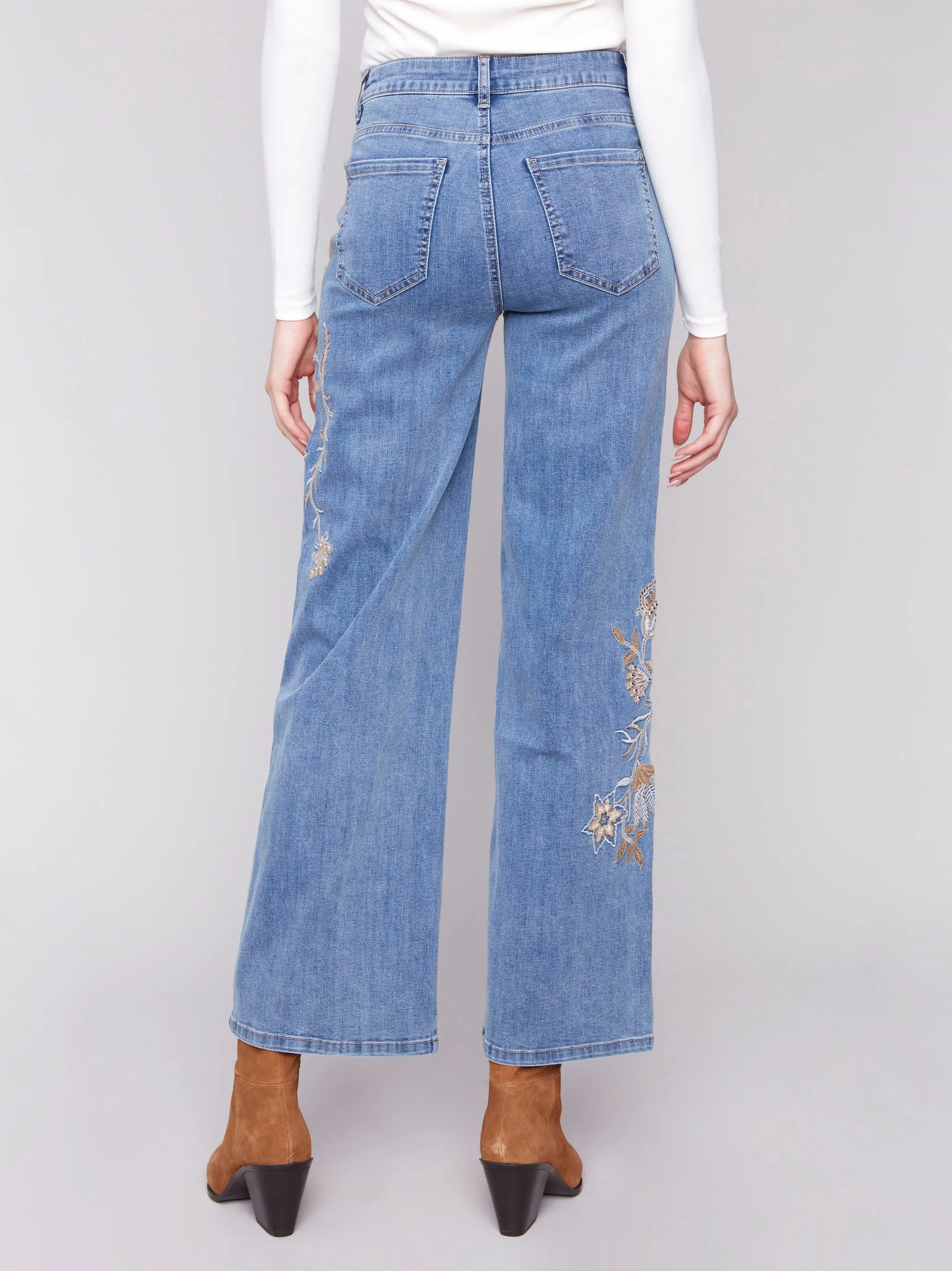 Embroidered Wide Leg Jeans With Flowers - Medium Blue sold by Charlie B product image thumbnail 4
