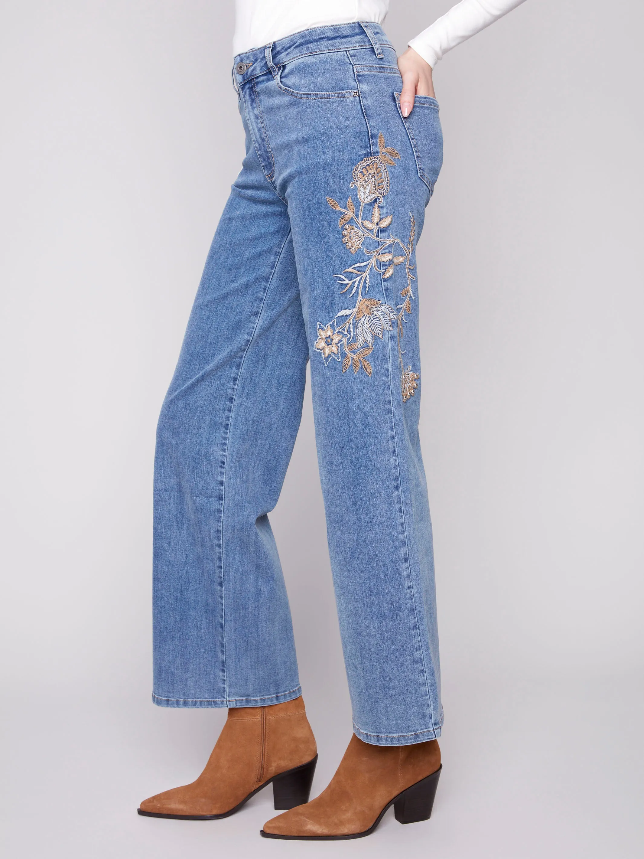 Embroidered Wide Leg Jeans With Flowers - Medium Blue sold by Charlie B product image thumbnail 3