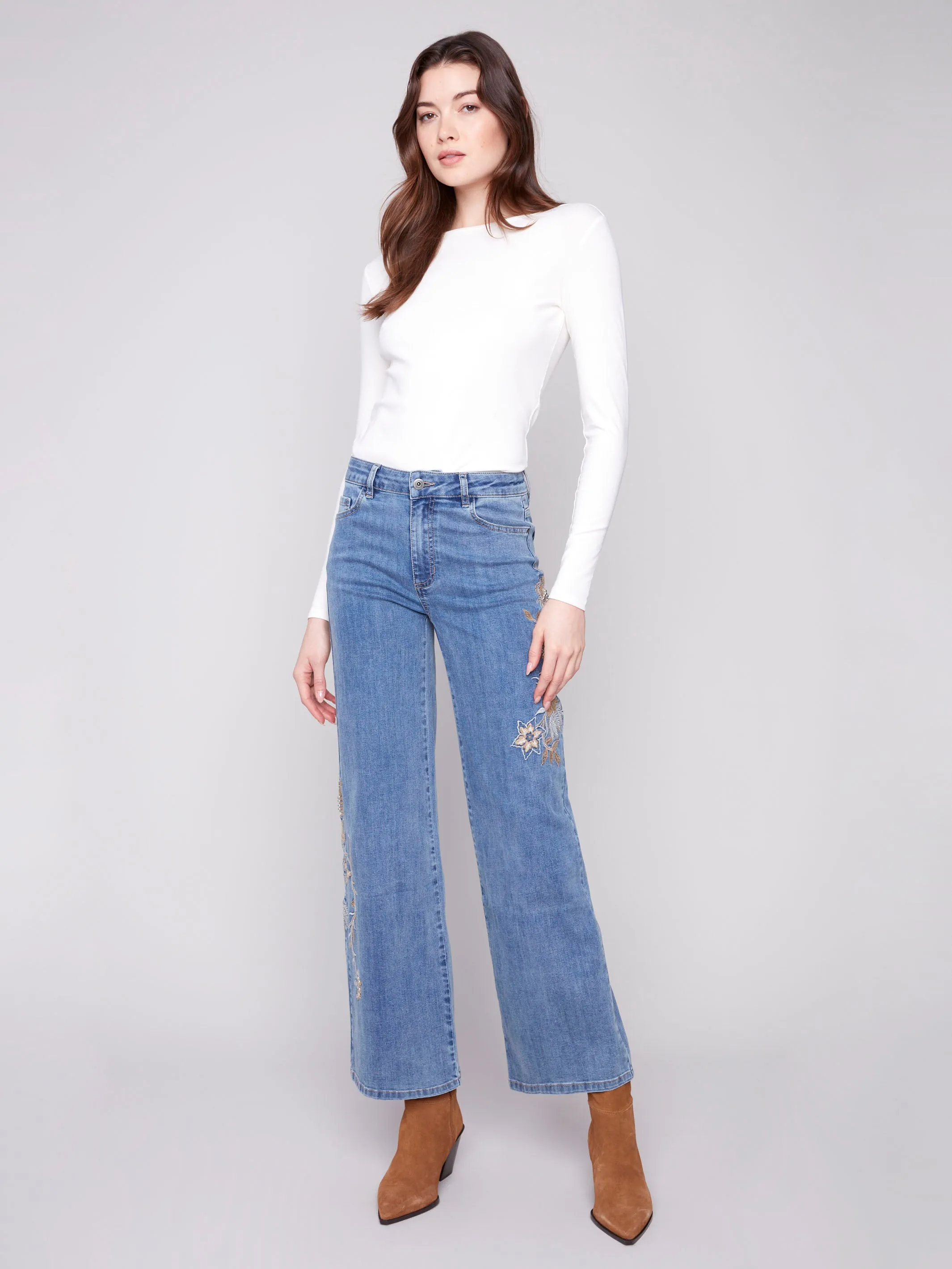 Embroidered Wide Leg Jeans With Flowers - Medium Blue sold by Charlie B product image thumbnail 5