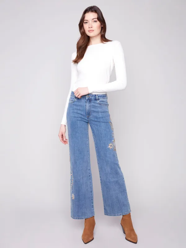 Embroidered Wide Leg Jeans With Flowers - Medium Blue sold by Charlie B