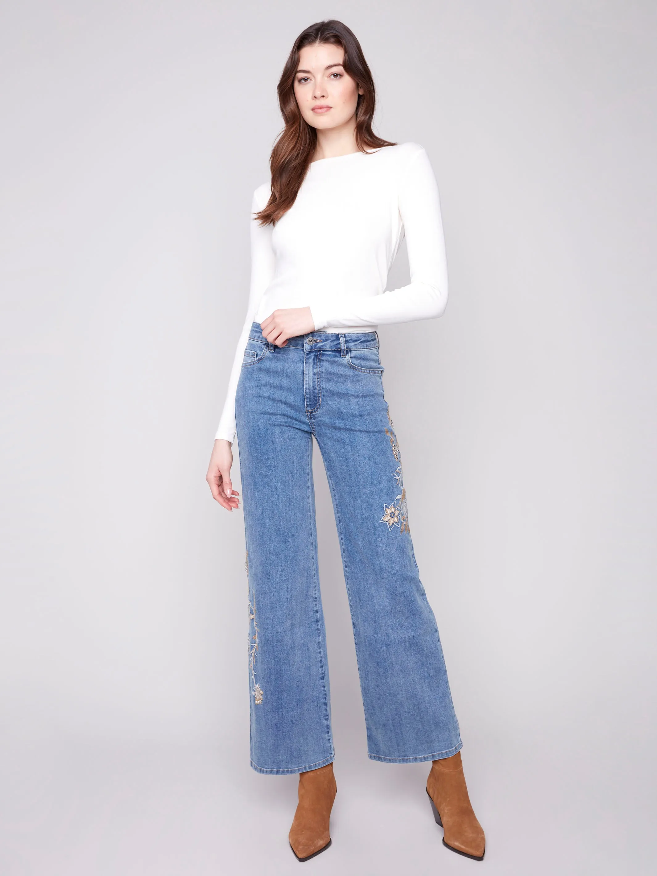 Embroidered Wide Leg Jeans With Flowers - Medium Blue sold by Charlie B