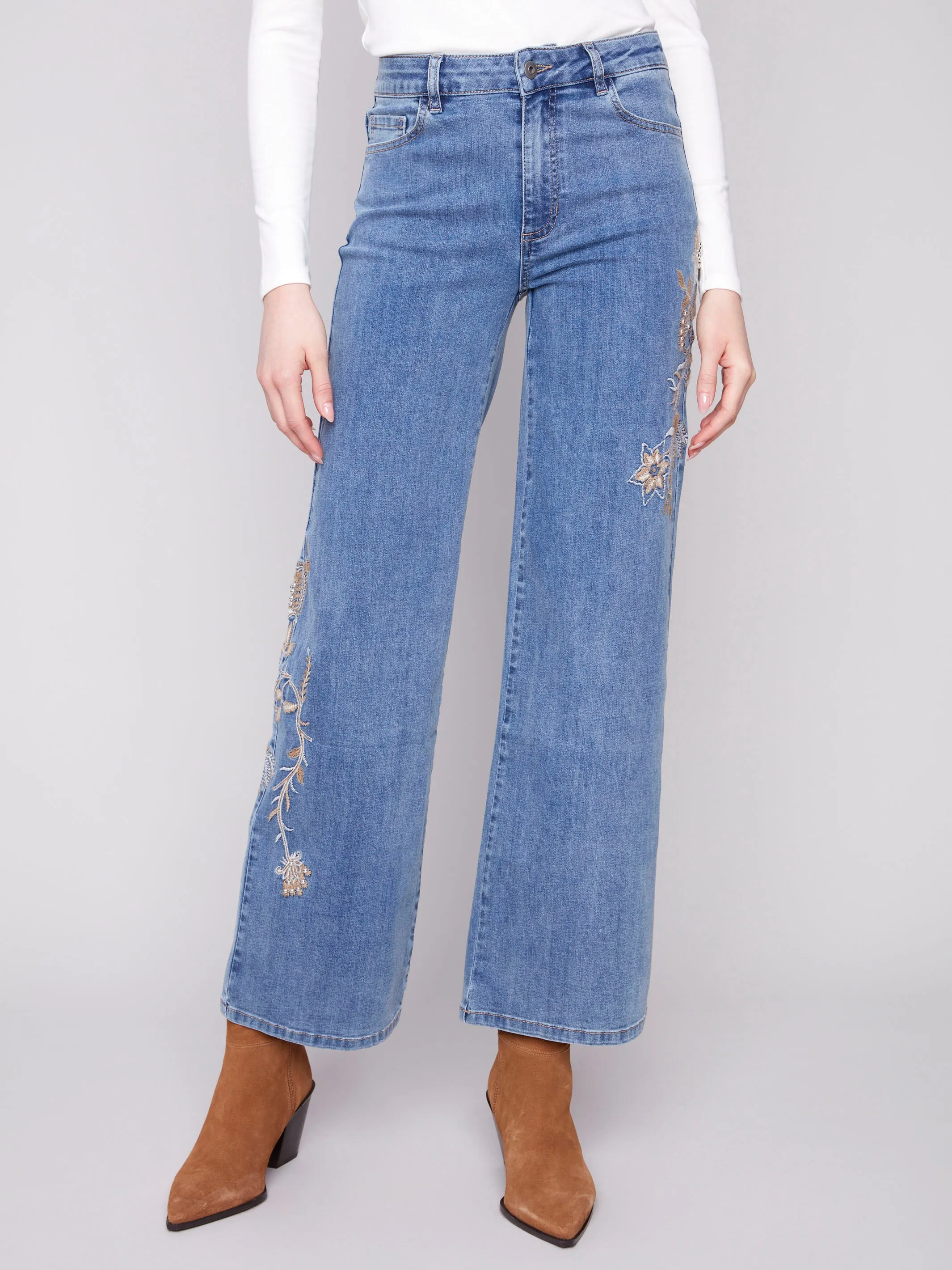 Embroidered Wide Leg Jeans With Flowers - Medium Blue sold by Charlie B product image thumbnail 2