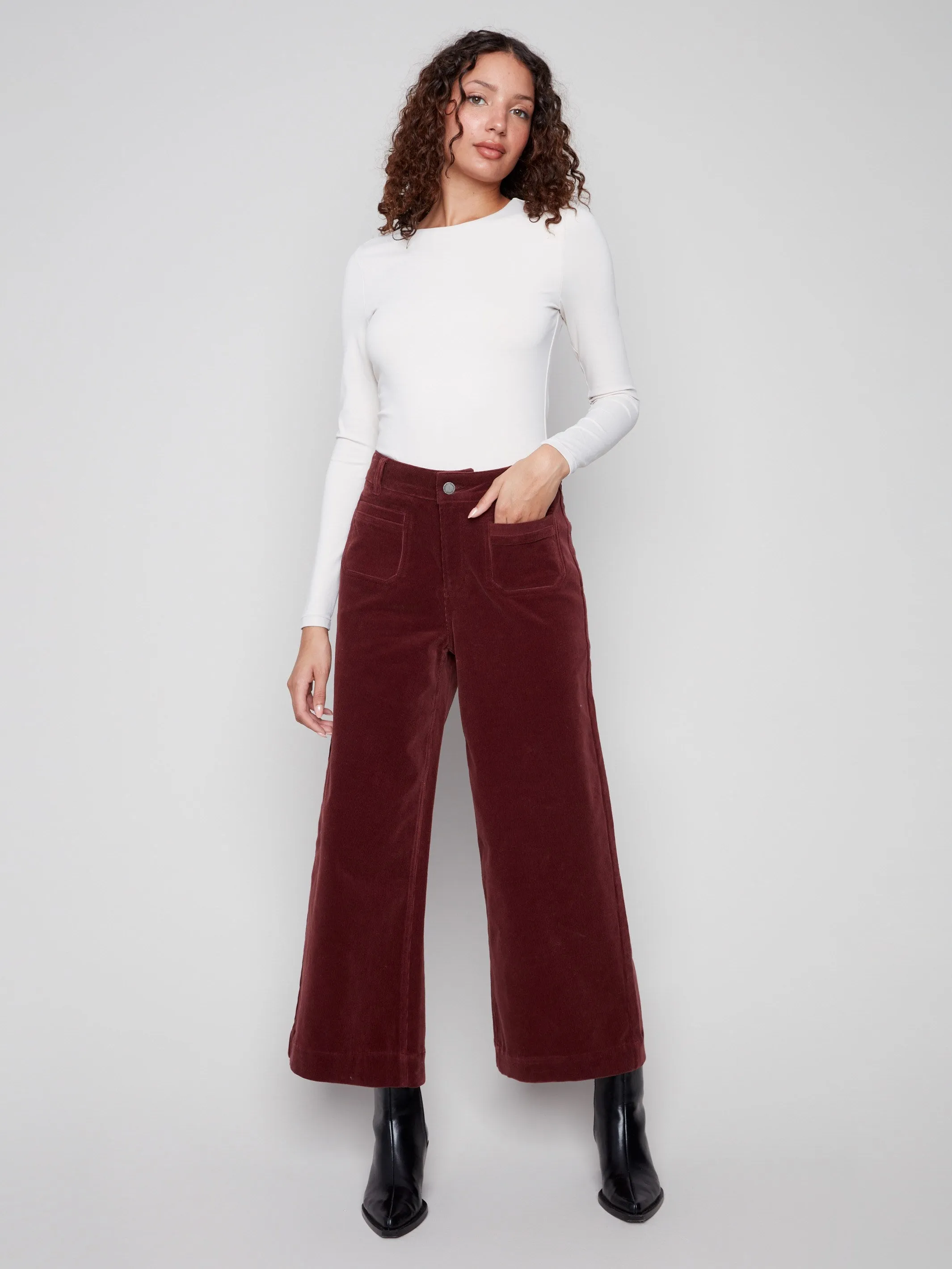Patch Pocket Flare Corduroy Pants - Cabernet sold by Charlie B