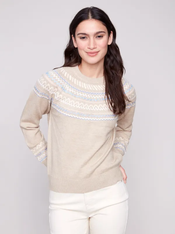 Après-Ski Jacquard Crew Neck Sweater - Heather Oat sold by Charlie B