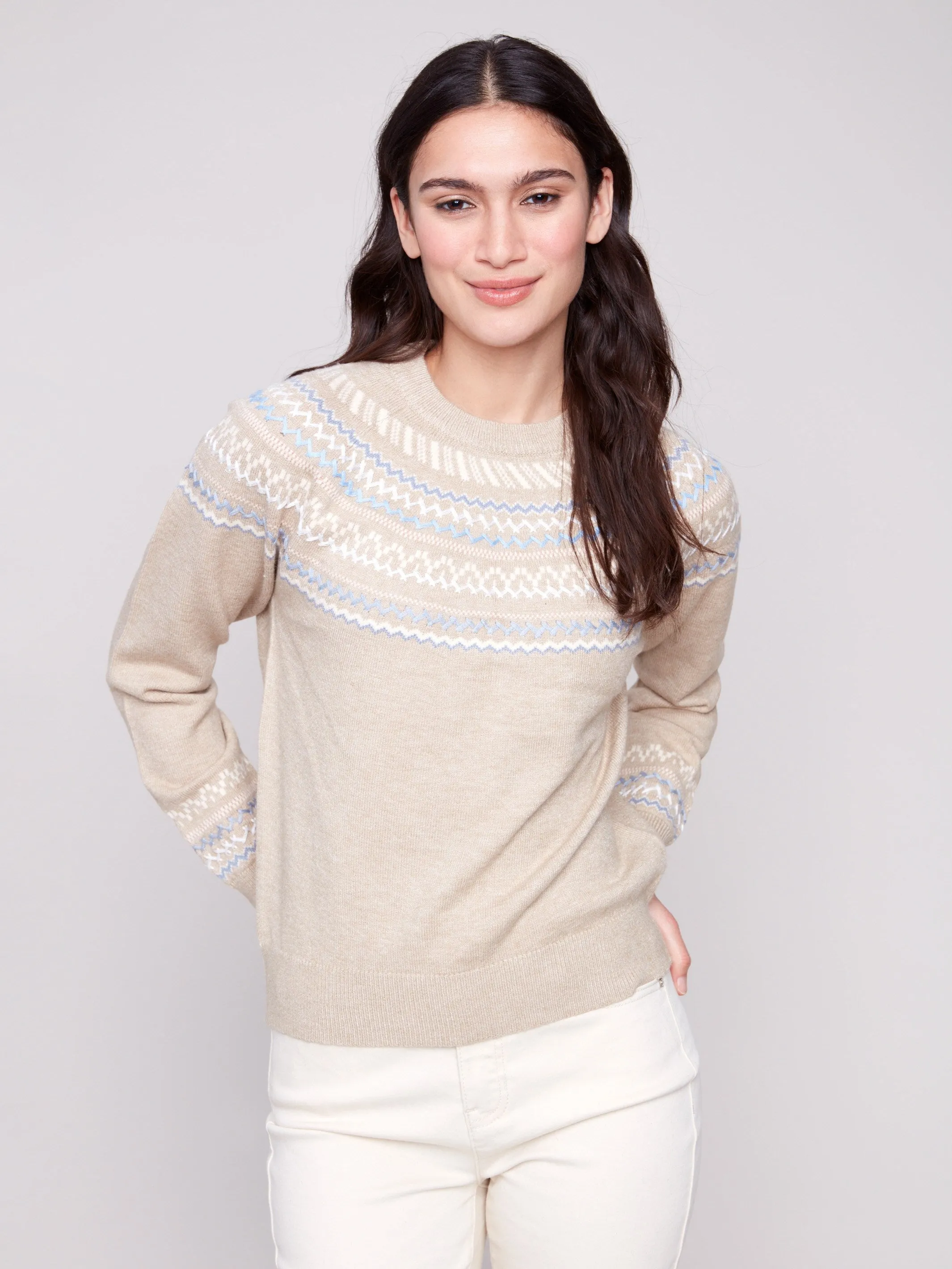Après-Ski Jacquard Crew Neck Sweater - Heather Oat sold by Charlie B