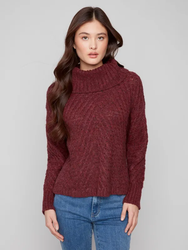 Cowl Neck Diagonal Cable Sweater - Cabernet made by Charlie B