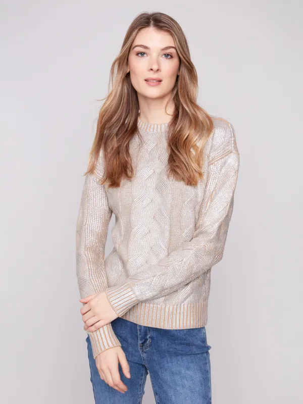 Metallic Cotton Cable Knit Sweater - Silver sold by Charlie B