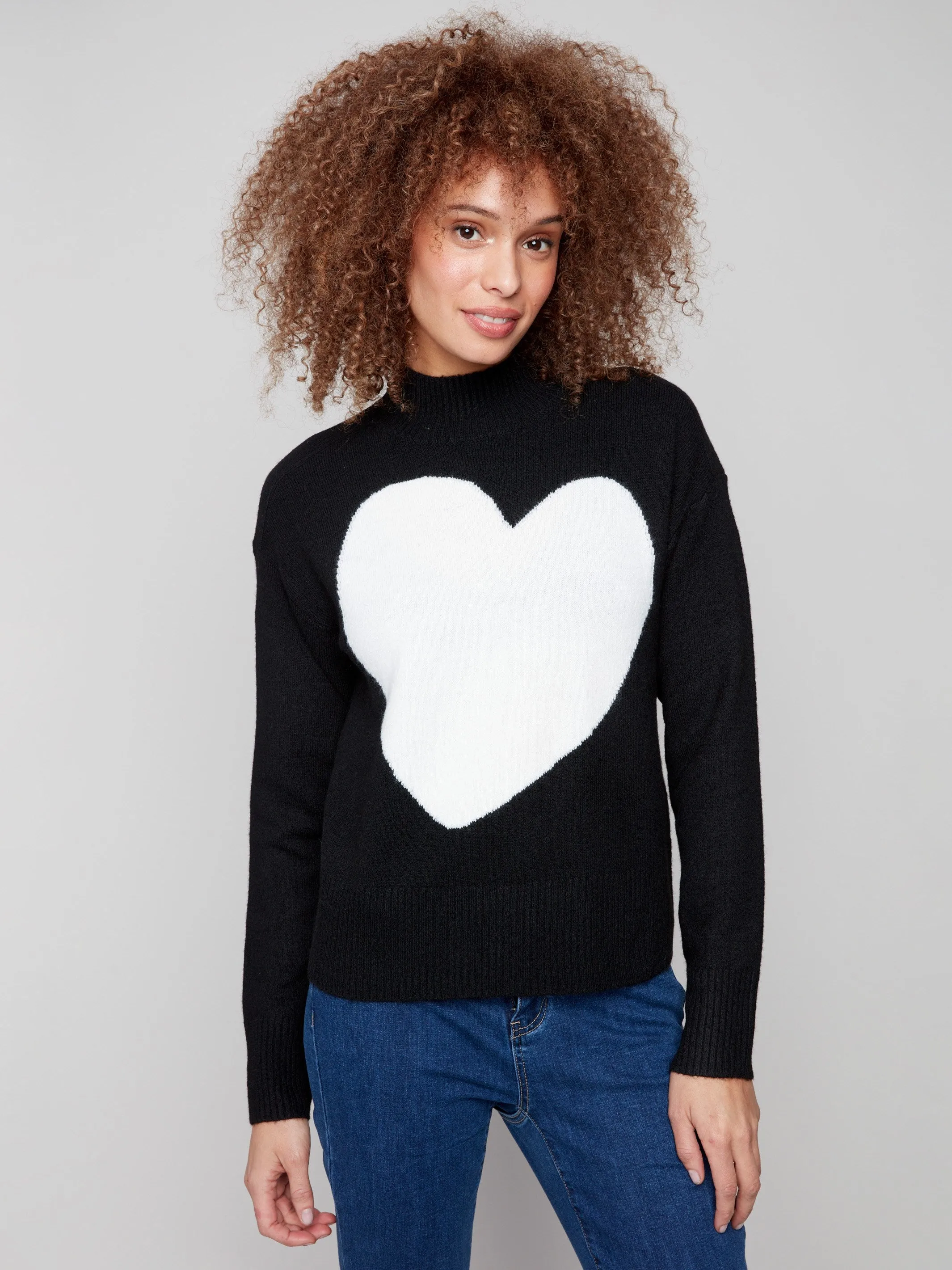 Heart Mock Neck Drop Shoulder Sweater - Black sold by Charlie B