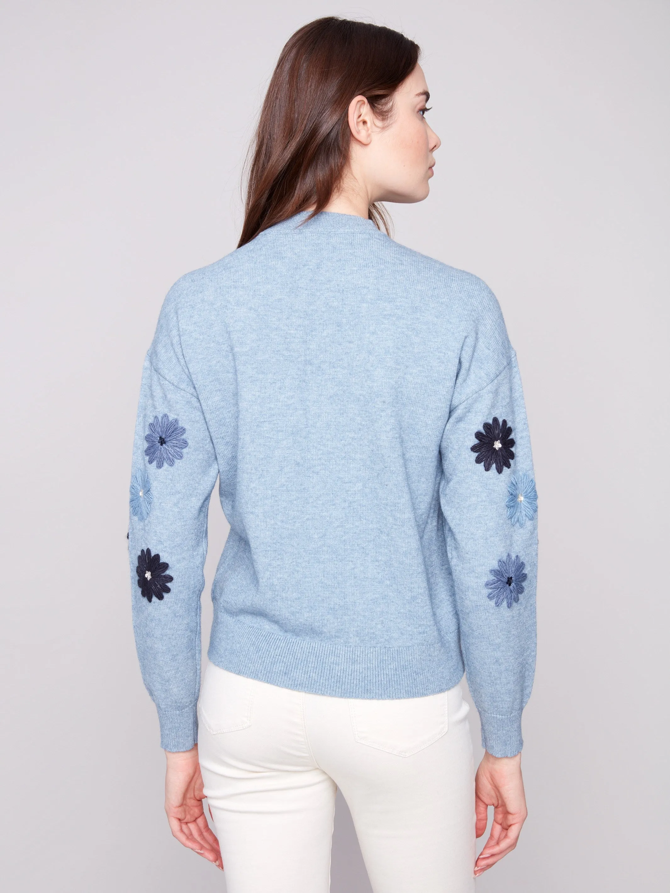Floral Embroidery Crew Neck Sweater - Heather Denim sold by Charlie B product image thumbnail 3