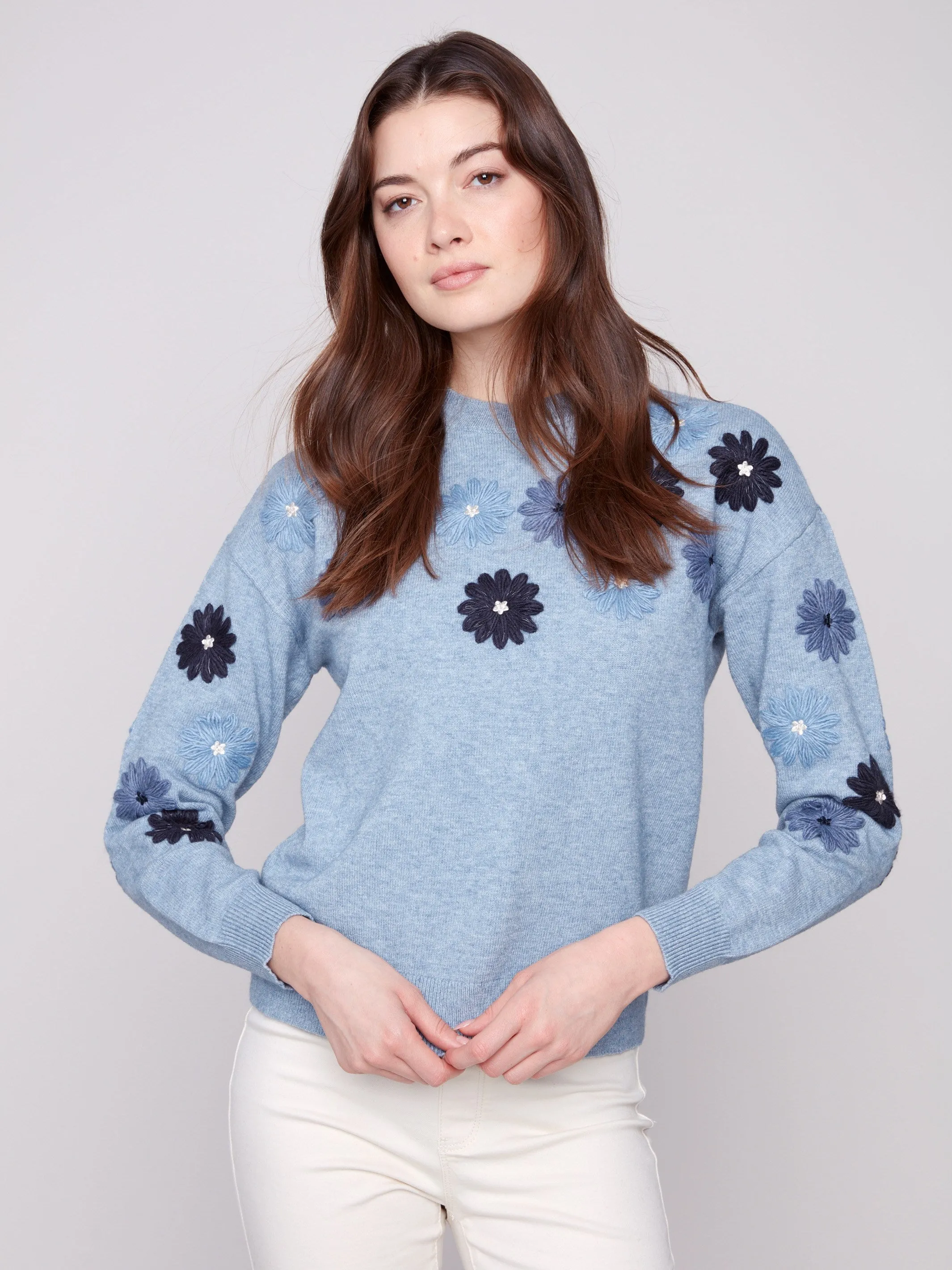 Floral Embroidery Crew Neck Sweater - Heather Denim sold by Charlie B product image thumbnail 4