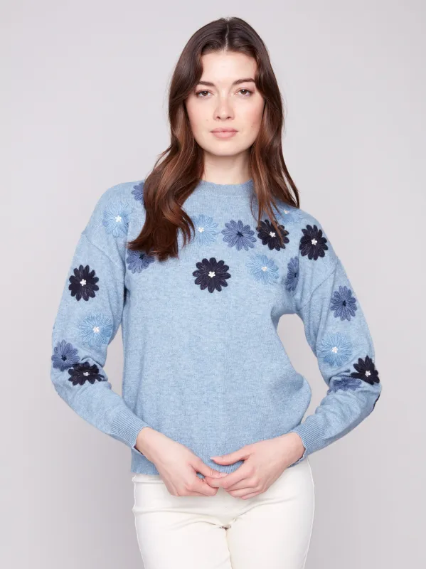 Floral Embroidery Crew Neck Sweater - Heather Denim sold by Charlie B