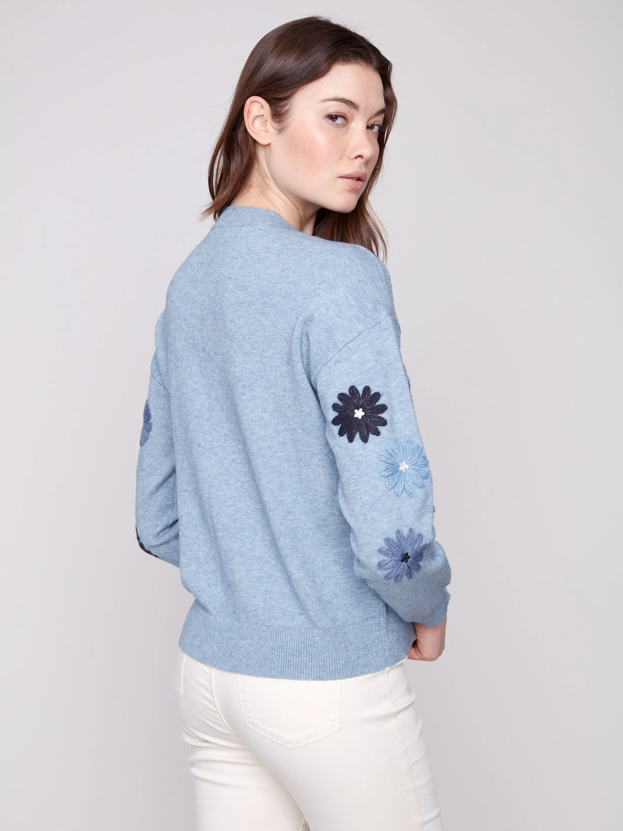 Floral Embroidery Crew Neck Sweater - Heather Denim sold by Charlie B product image thumbnail 5