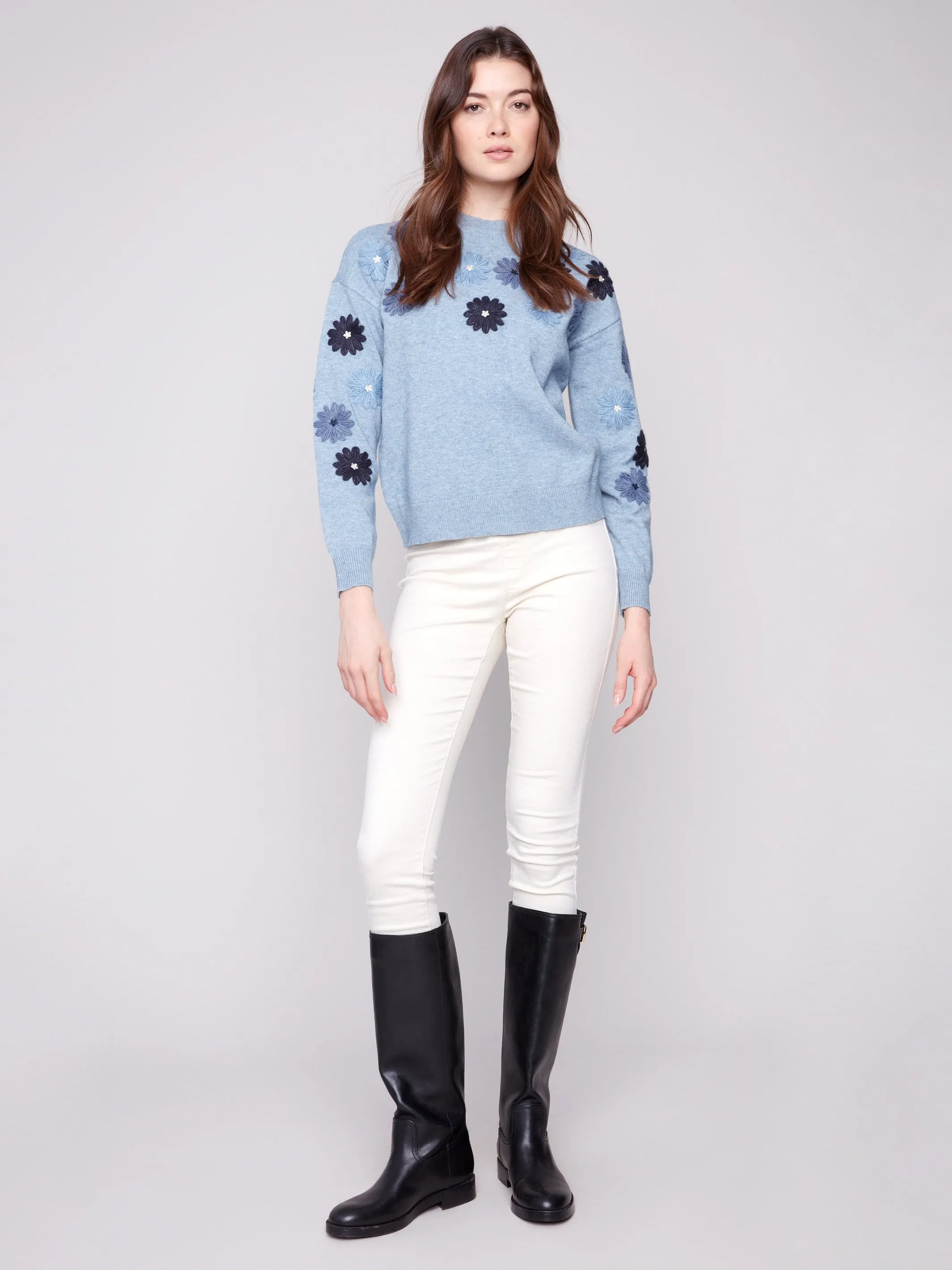 Floral Embroidery Crew Neck Sweater - Heather Denim sold by Charlie B product image thumbnail 2