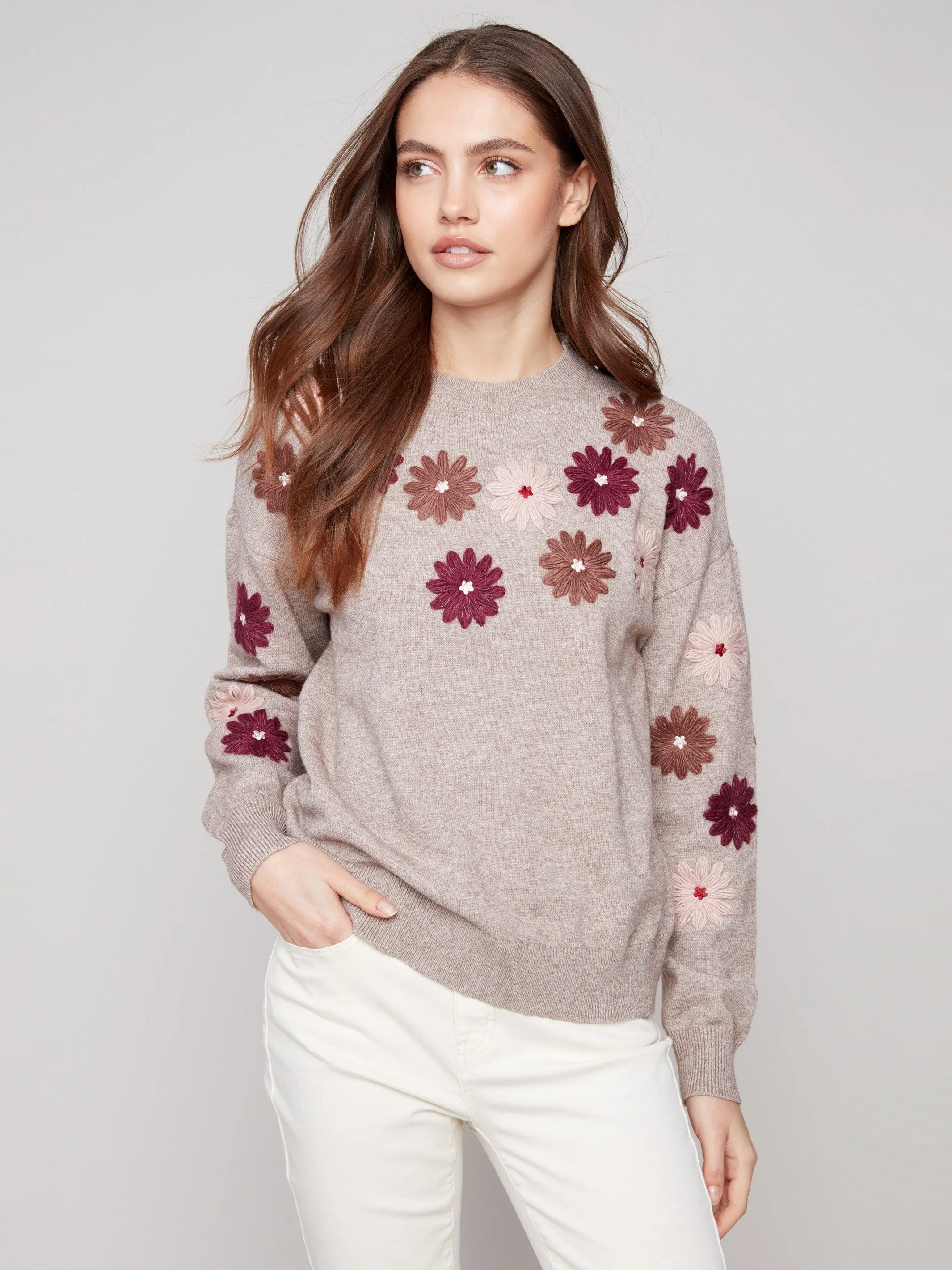 Floral Embroidery Crew Neck Sweater - Heather Taupe sold by Charlie B product image thumbnail 4