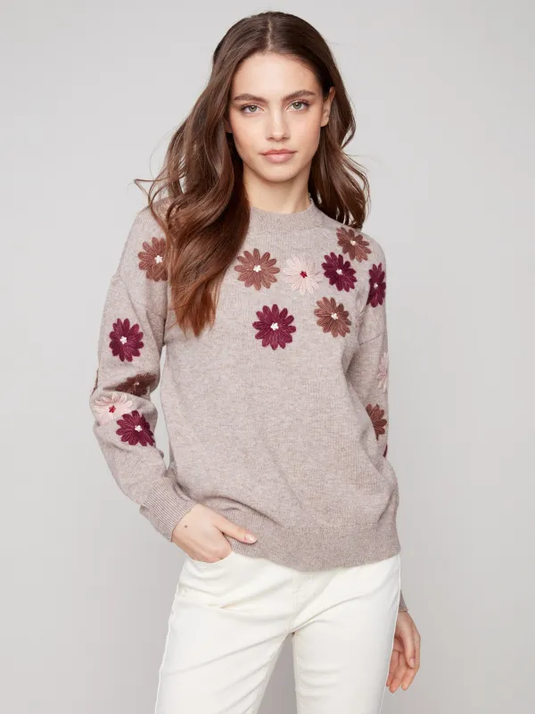 Floral Embroidery Crew Neck Sweater - Heather Taupe sold by Charlie B