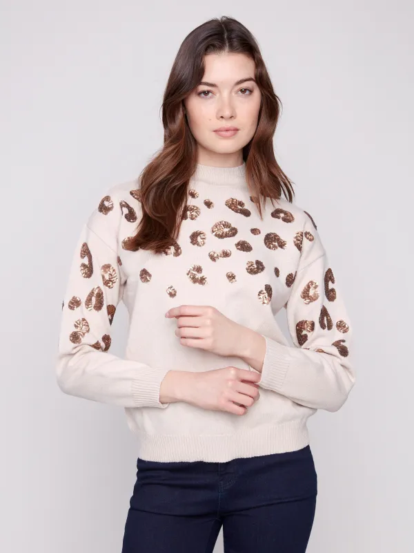Mock Neck Sweater With Animal Print Sequin Detail - Heather Oat sold by Charlie B