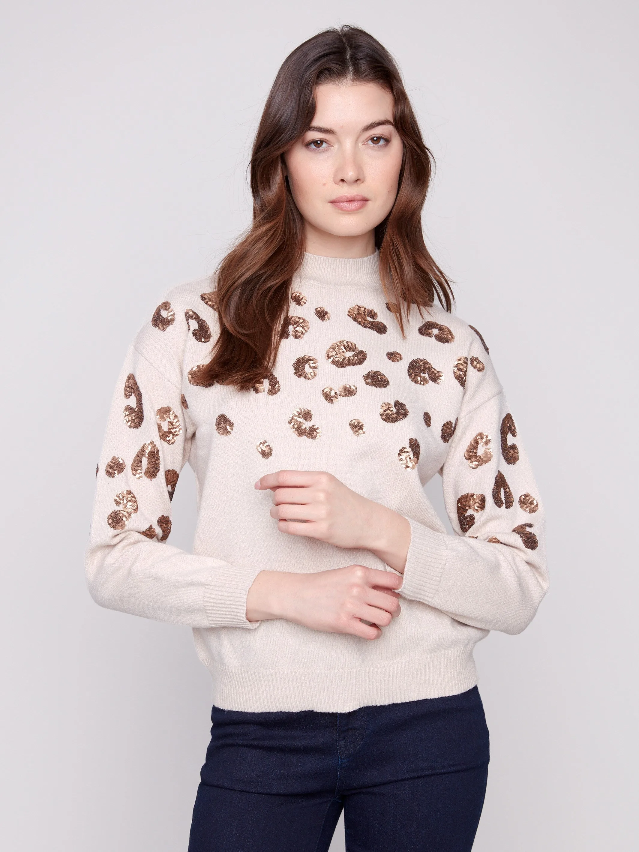 Mock Neck Sweater With Animal Print Sequin Detail - Heather Oat sold by Charlie B