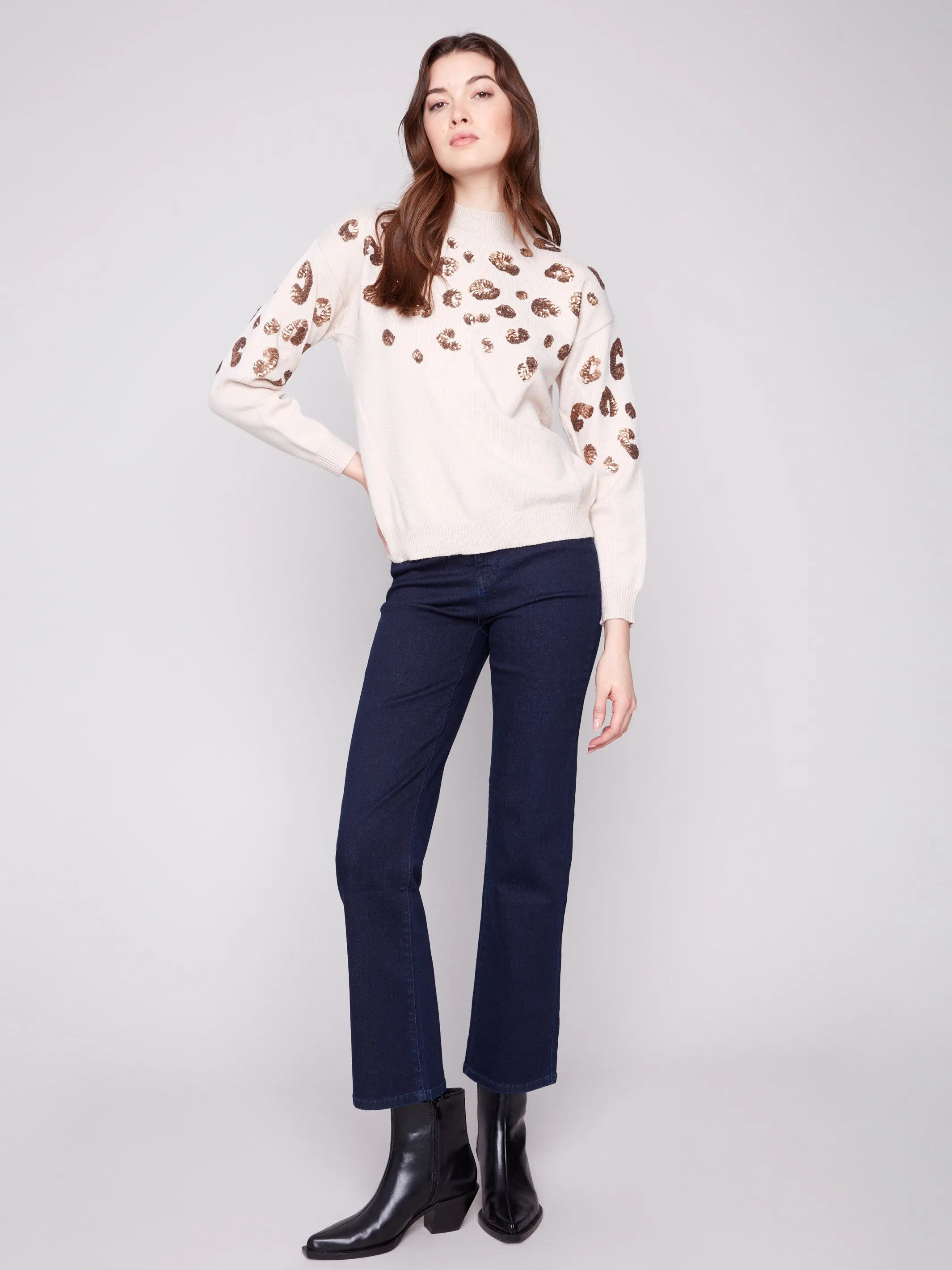Mock Neck Sweater With Animal Print Sequin Detail - Heather Oat sold by Charlie B product image thumbnail 2