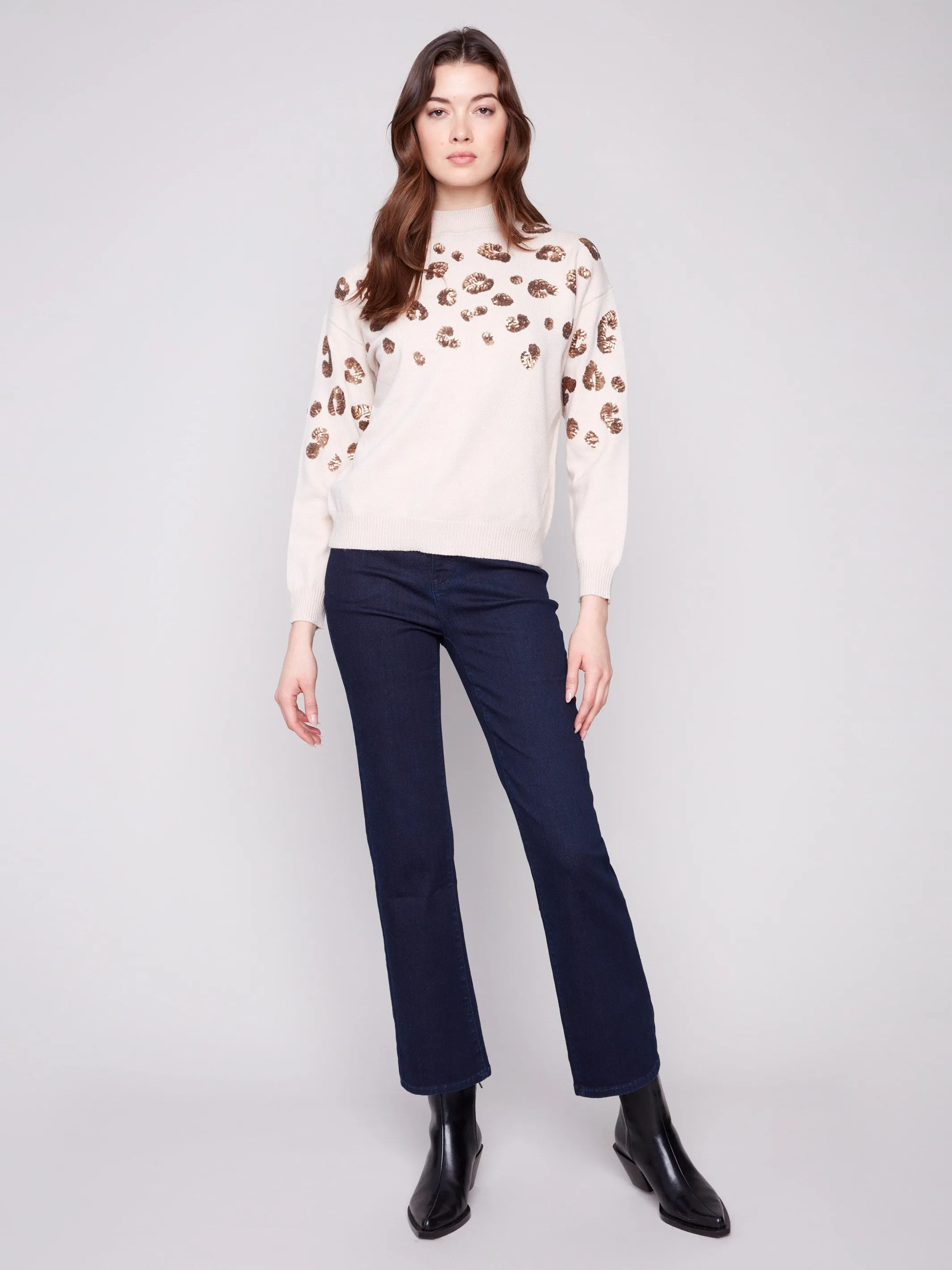Mock Neck Sweater With Animal Print Sequin Detail - Heather Oat sold by Charlie B product image thumbnail 5