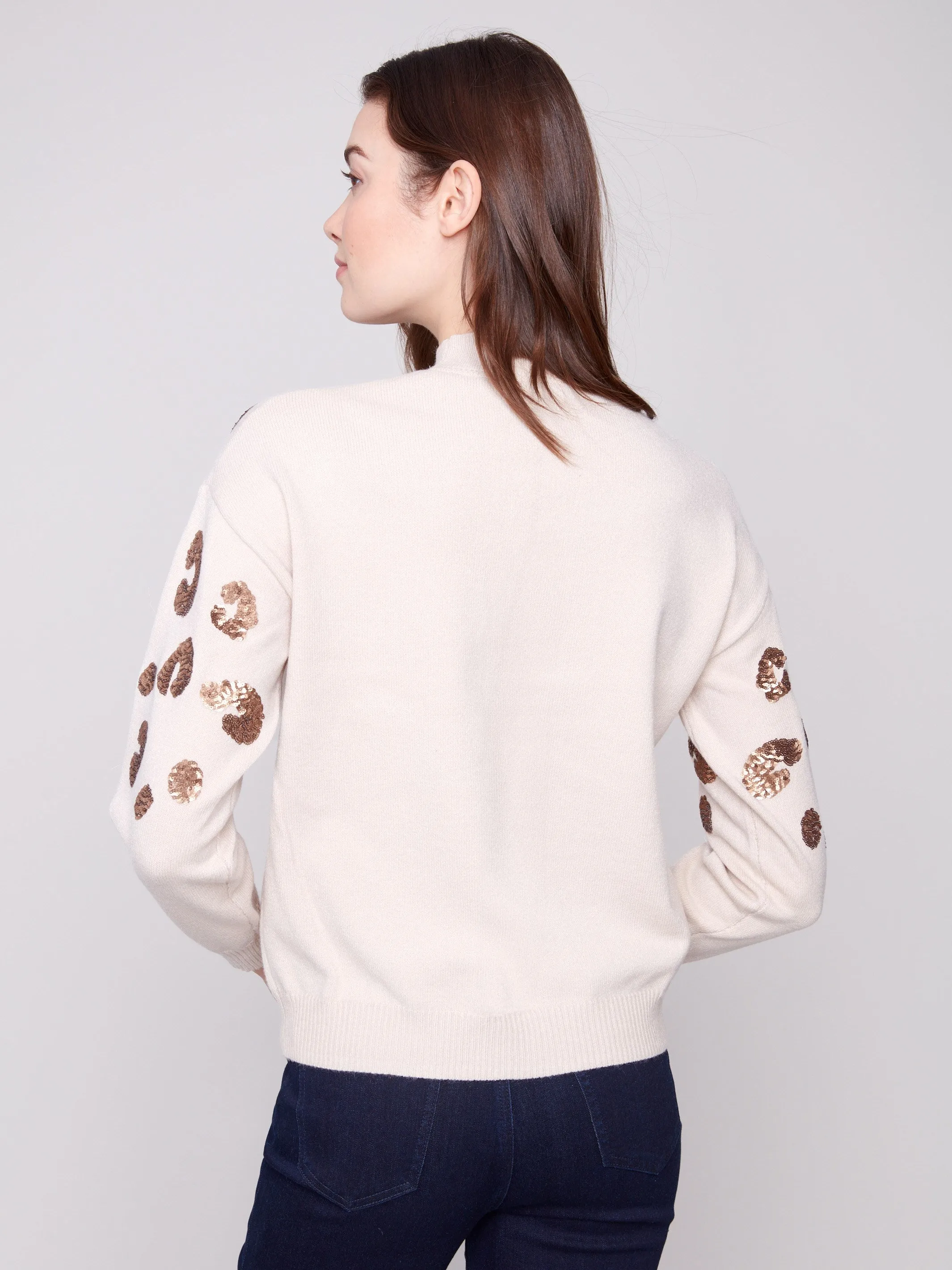 Mock Neck Sweater With Animal Print Sequin Detail - Heather Oat sold by Charlie B product image thumbnail 3